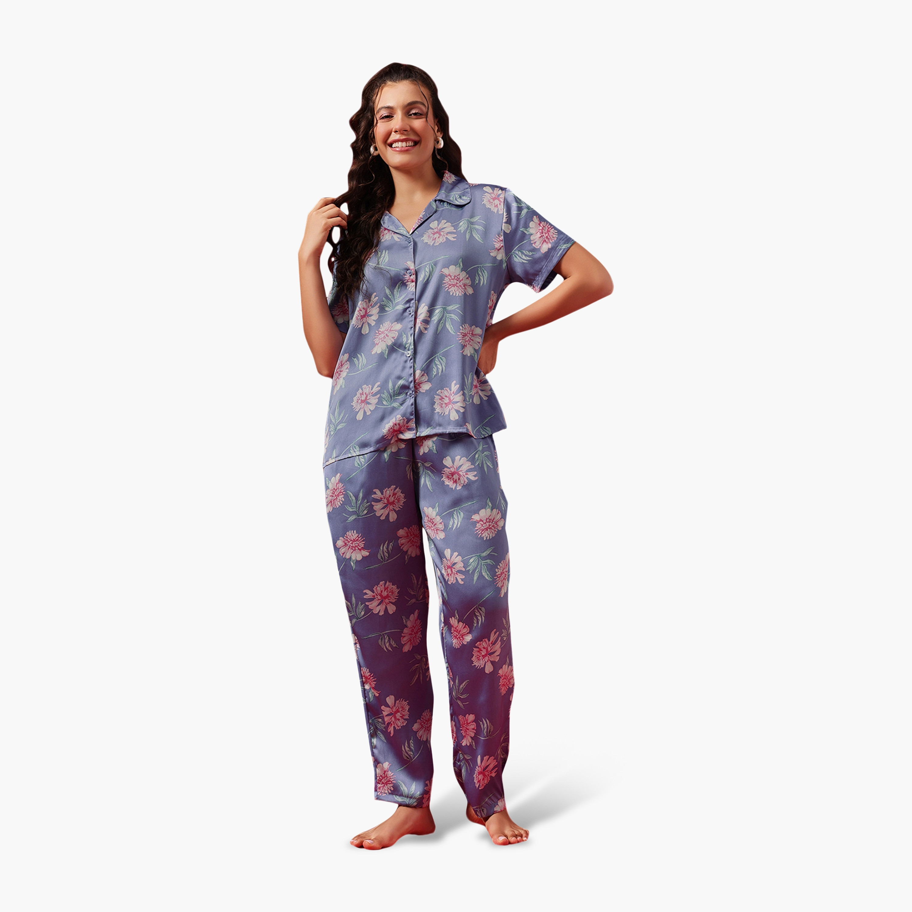Clovia Floral Print Button-Down Women's Shirt & Pyjama Set in Stone Blue Colour - Satin-women-clothing-nightwear-pyjamas-longsets-image-1