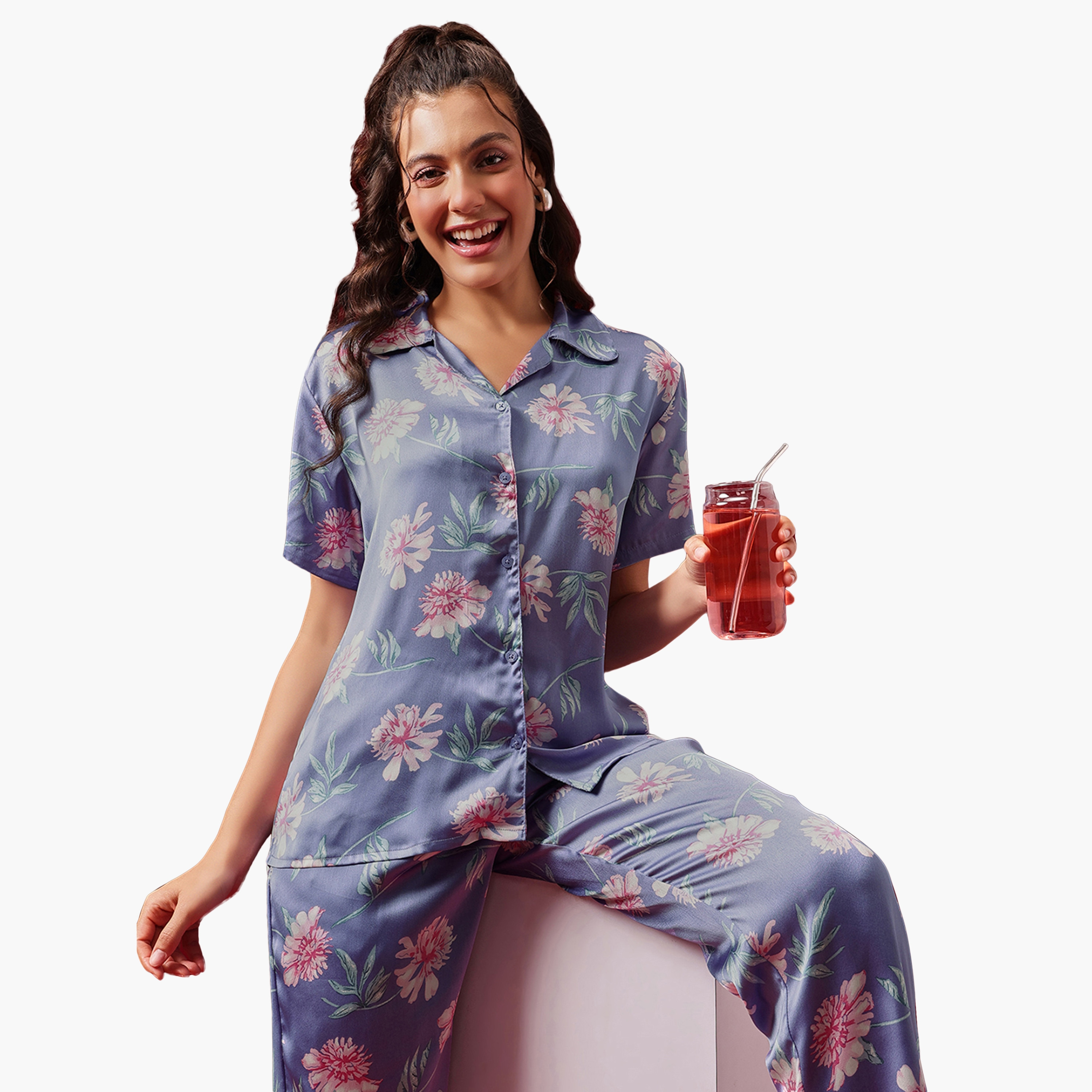 Clovia Floral Print Button-Down Women's Shirt & Pyjama Set in Stone Blue Colour - Satin-women-clothing-nightwear-pyjamas-longsets-image-2
