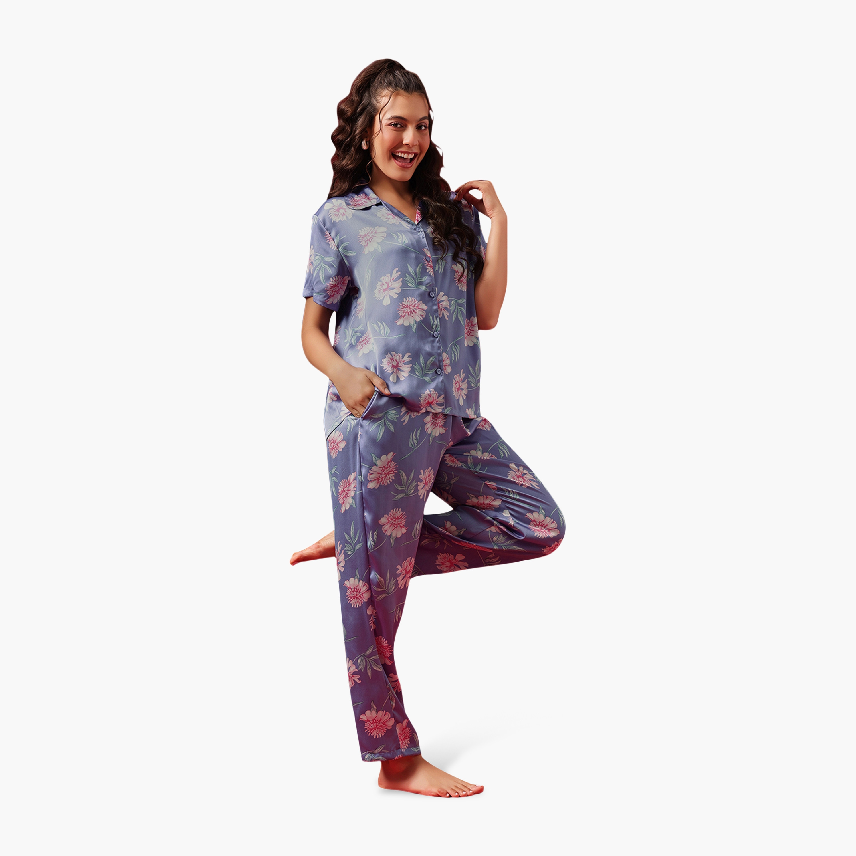 Clovia Floral Print Button-Down Women's Shirt & Pyjama Set in Stone Blue Colour - Satin-women-clothing-nightwear-pyjamas-longsets-image-3
