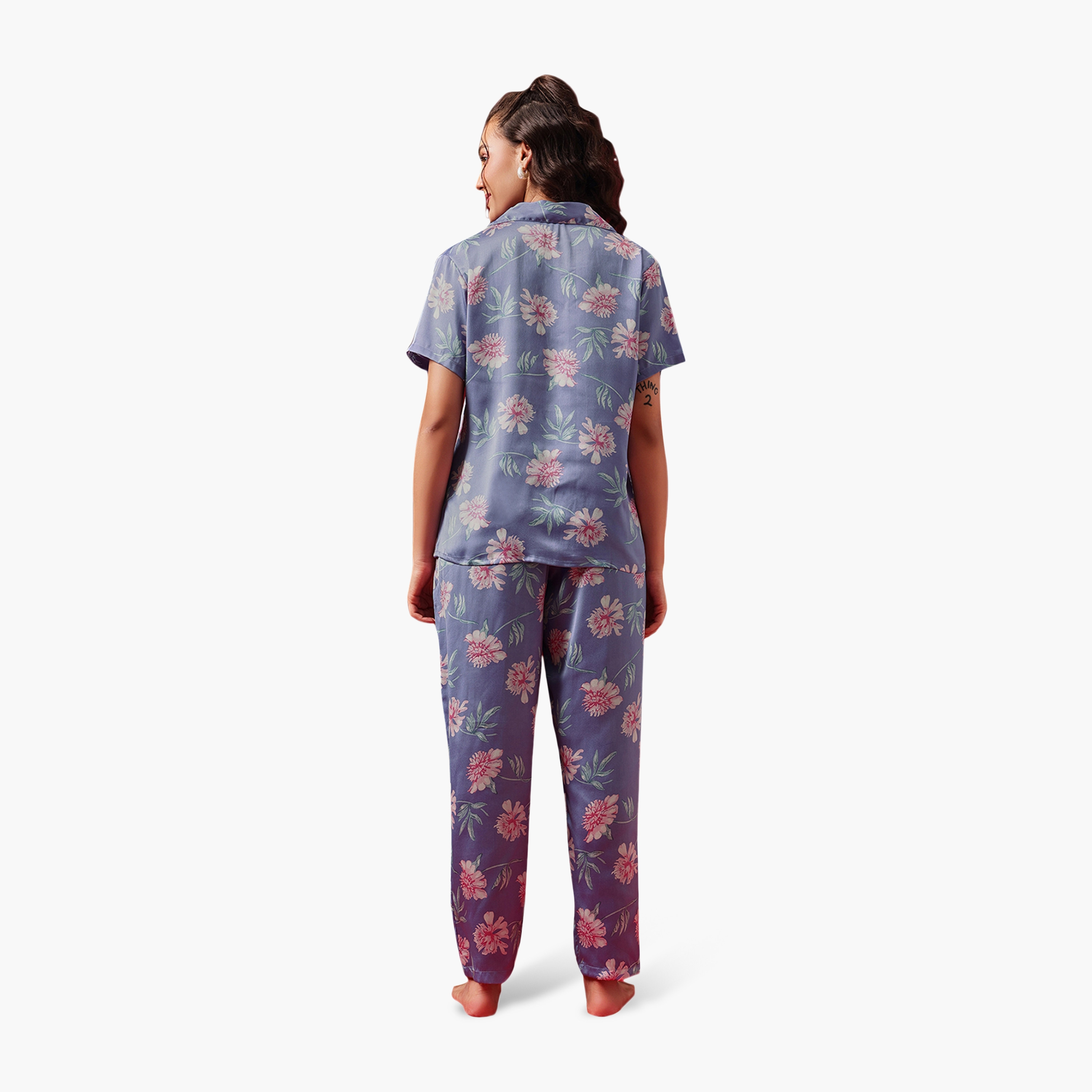 Clovia Floral Print Button-Down Women's Shirt & Pyjama Set in Stone Blue Colour - Satin-women-clothing-nightwear-pyjamas-longsets-image-4