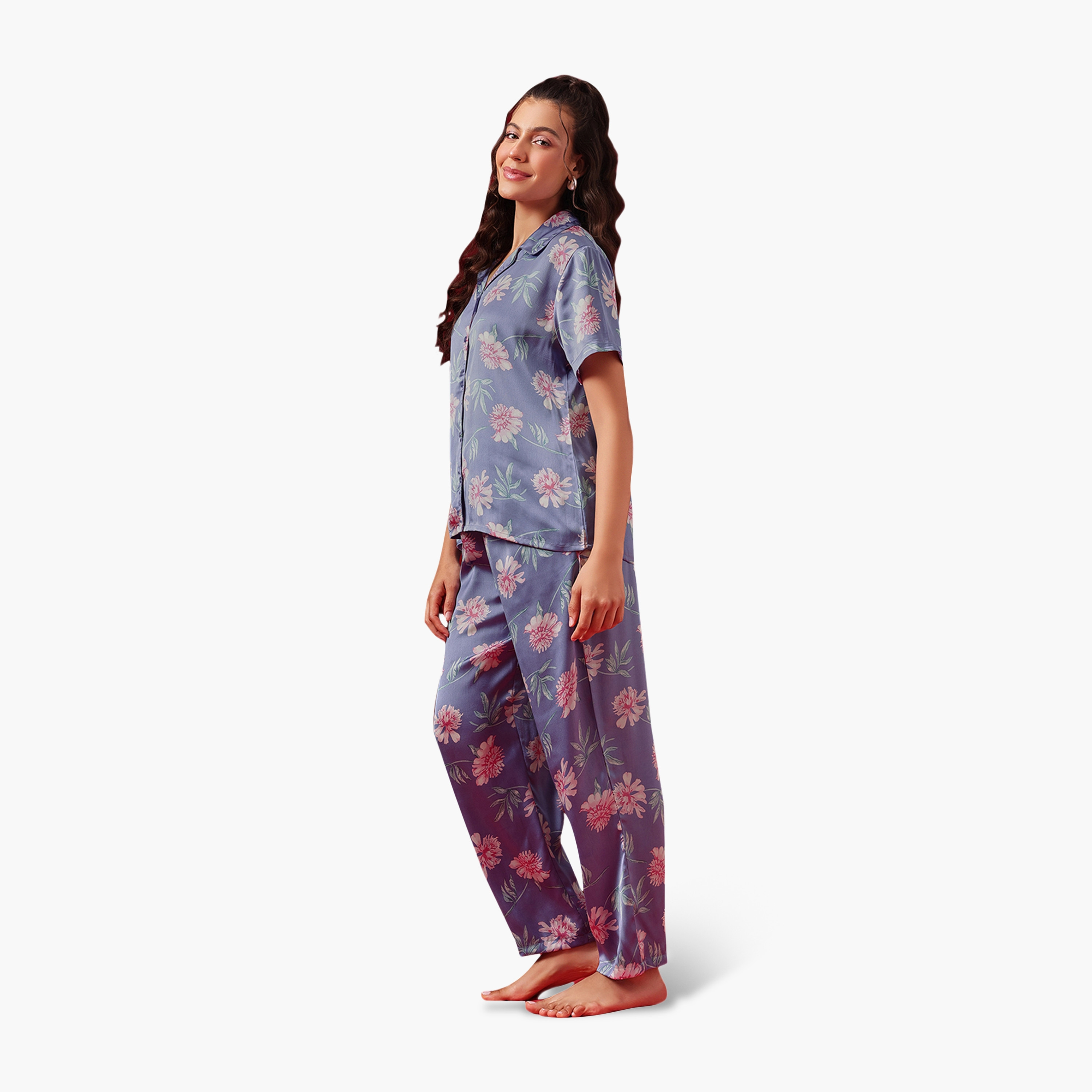 Clovia Floral Print Button-Down Women's Shirt & Pyjama Set in Stone Blue Colour - Satin-women-clothing-nightwear-pyjamas-longsets-image-5
