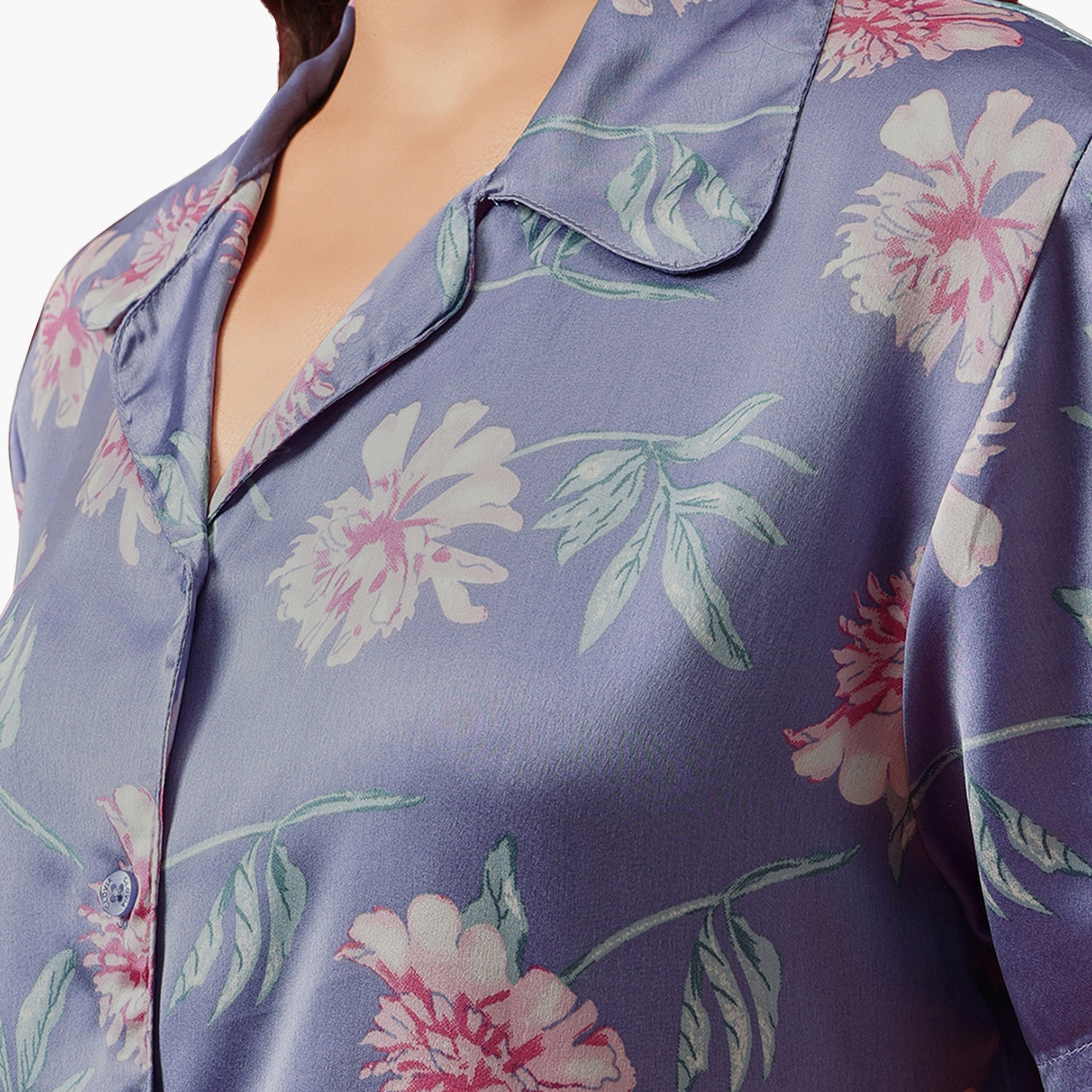 Clovia Floral Print Button-Down Women's Shirt & Pyjama Set in Stone Blue Colour - Satin-women-clothing-nightwear-pyjamas-longsets-image-6