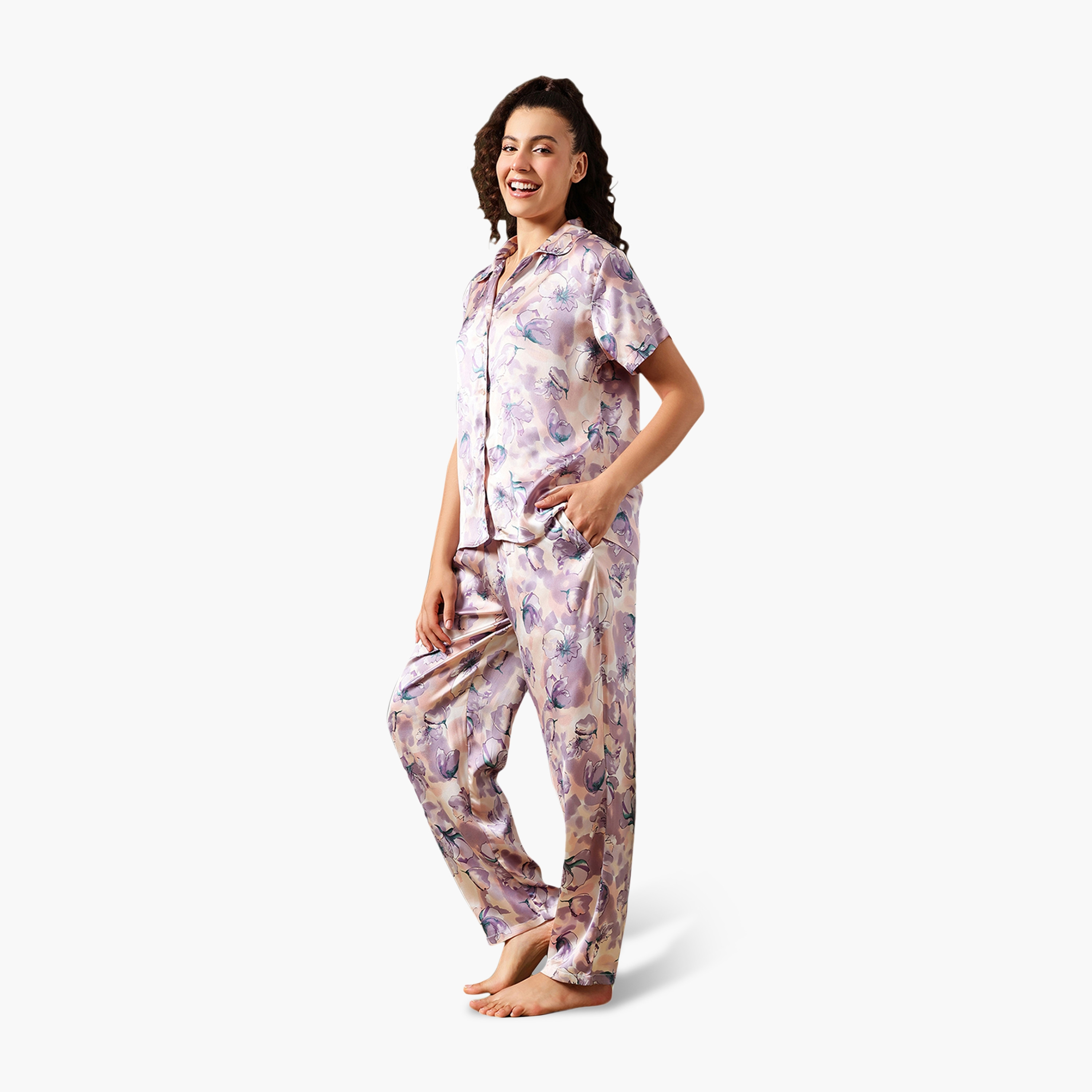 بدلة نوم نسائية بطبعة الزهور وأزرار بلون لافندر من كلوفيا - ساتان-women-clothing-nightwear-pyjamas-longsets-image-3