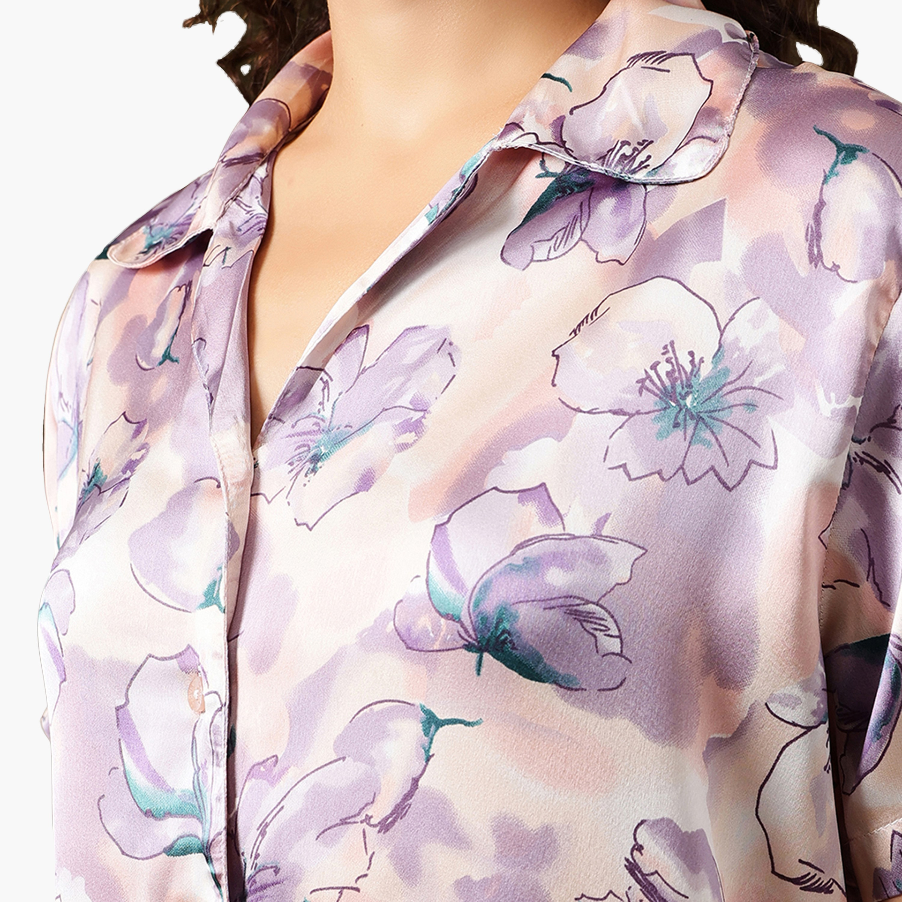 بدلة نوم نسائية بطبعة الزهور وأزرار بلون لافندر من كلوفيا - ساتان-women-clothing-nightwear-pyjamas-longsets-image-5
