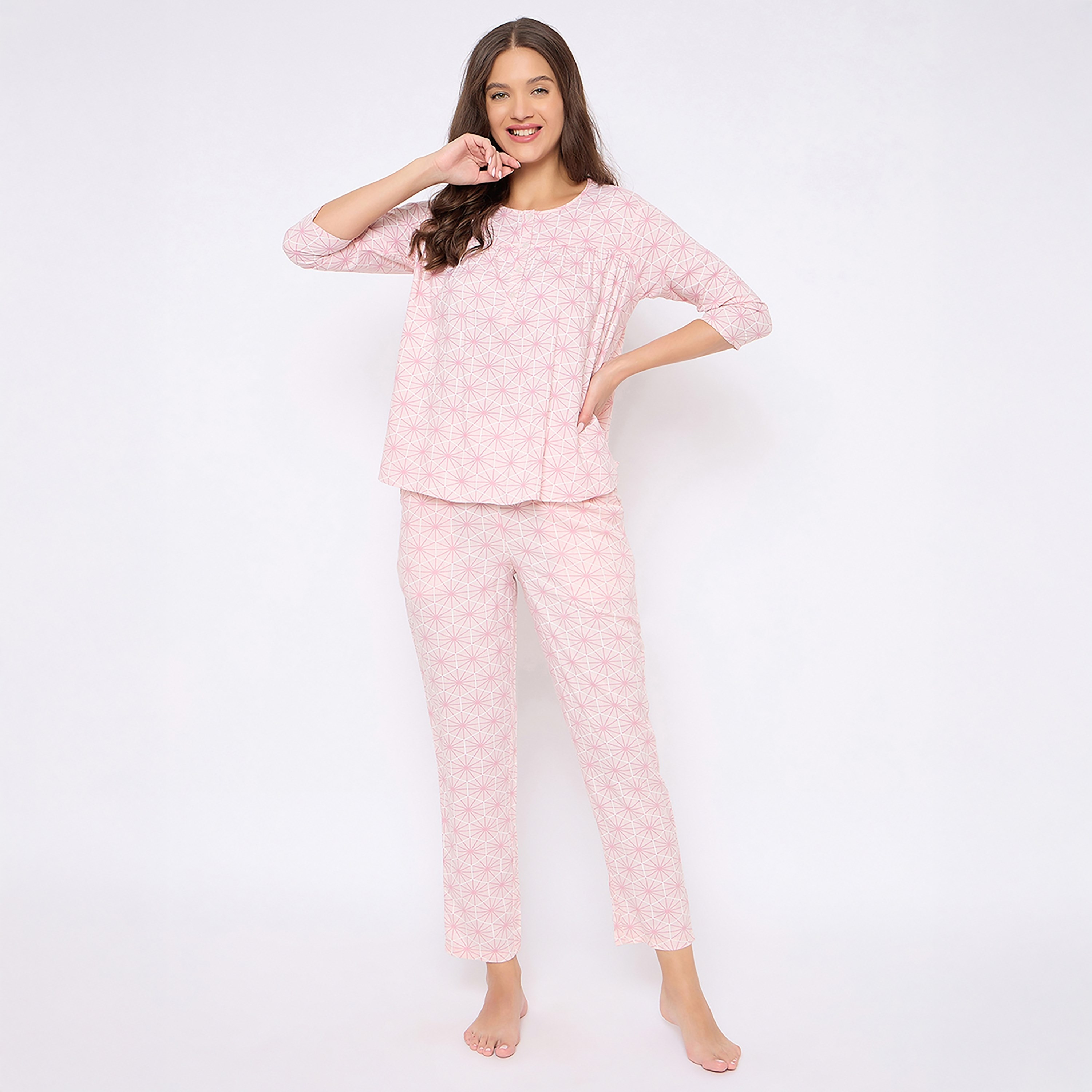 Clovia Printed Button Up Women's Top & Pyjama Set in Baby Pink - Rayon-women-clothing-nightwear-pyjamas-longsets-image-1