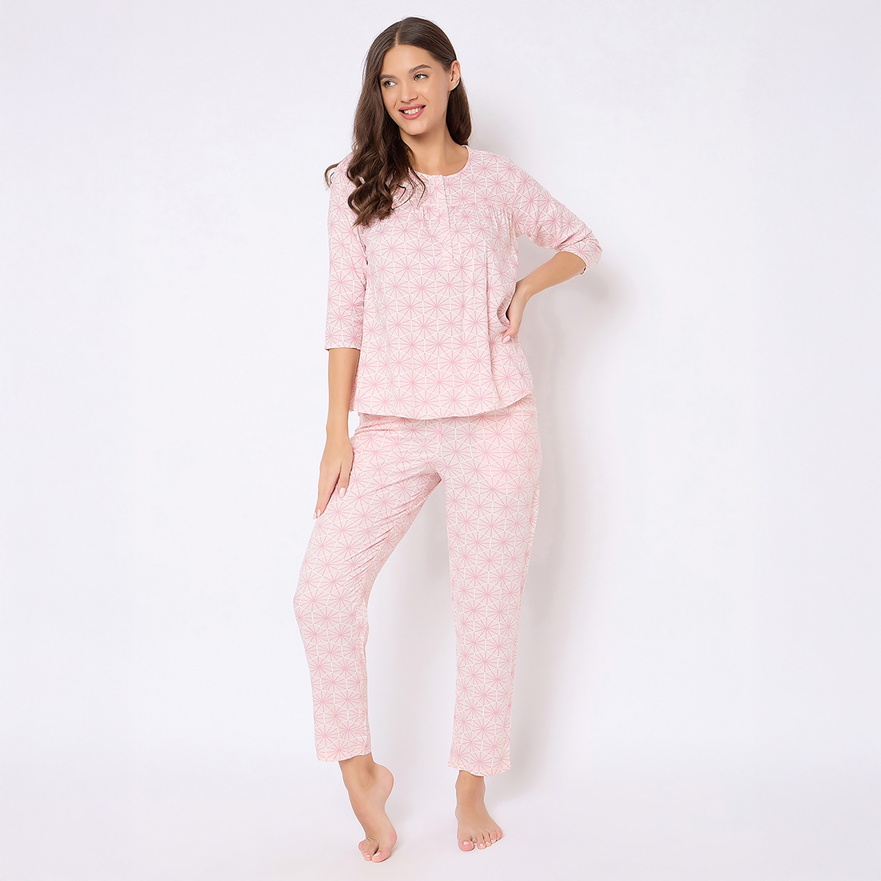 Clovia Printed Button Up Women's Top & Pyjama Set in Baby Pink - Rayon-women-clothing-nightwear-pyjamas-longsets-image-2