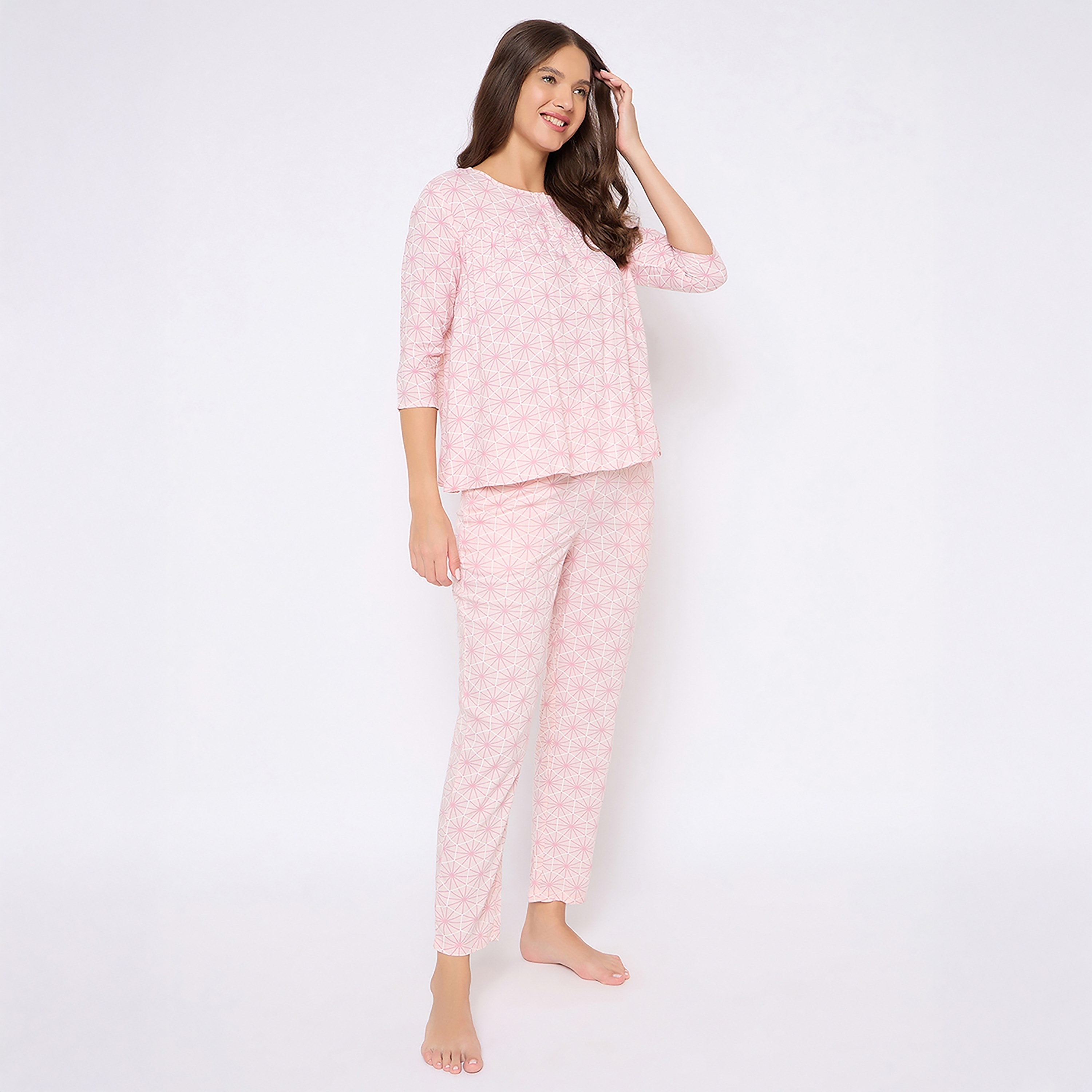 طقم بيجامة وقميص نسائي مطبوع بأزرار باللون الوردي الفاتح من كلوفيا - رايون-women-clothing-nightwear-pyjamas-longsets-image-3
