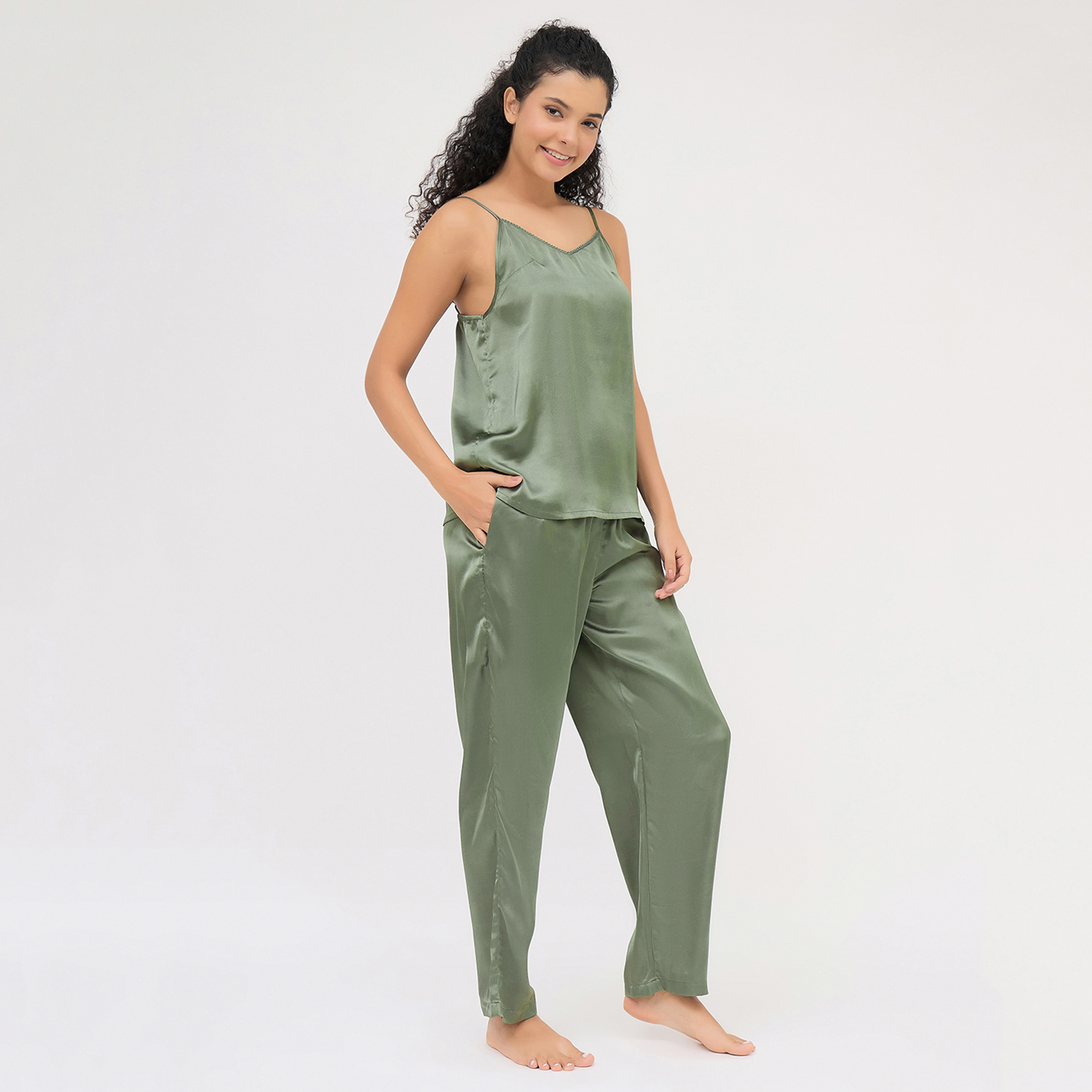 Clovia 3 Pc Set - Women's Cami Top, Pyjama & Robe - Satin-women-clothing-nightwear-pyjamas-longsets-image-10