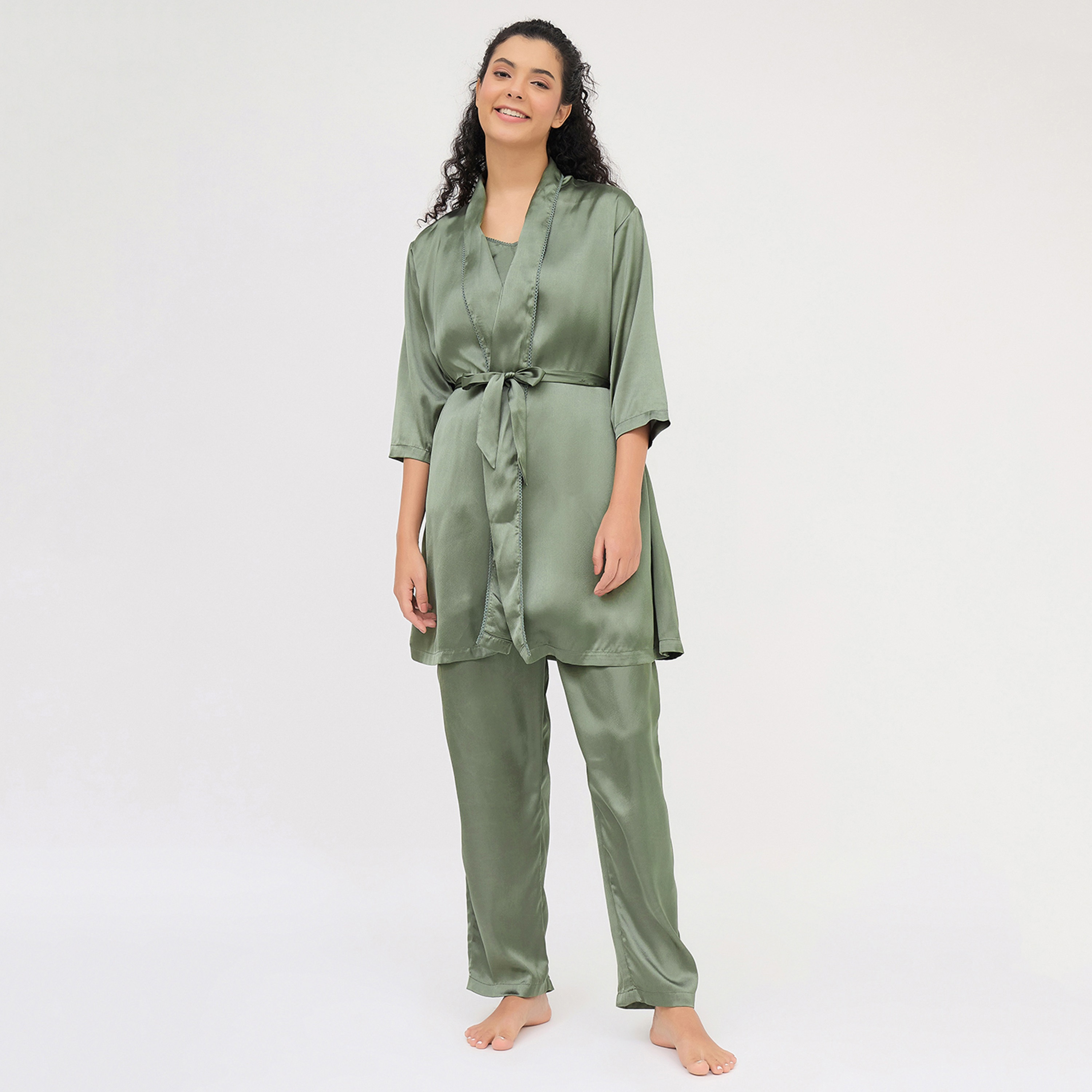 Clovia 3 Pc Set - Women's Cami Top, Pyjama & Robe - Satin-women-clothing-nightwear-pyjamas-longsets-image-5