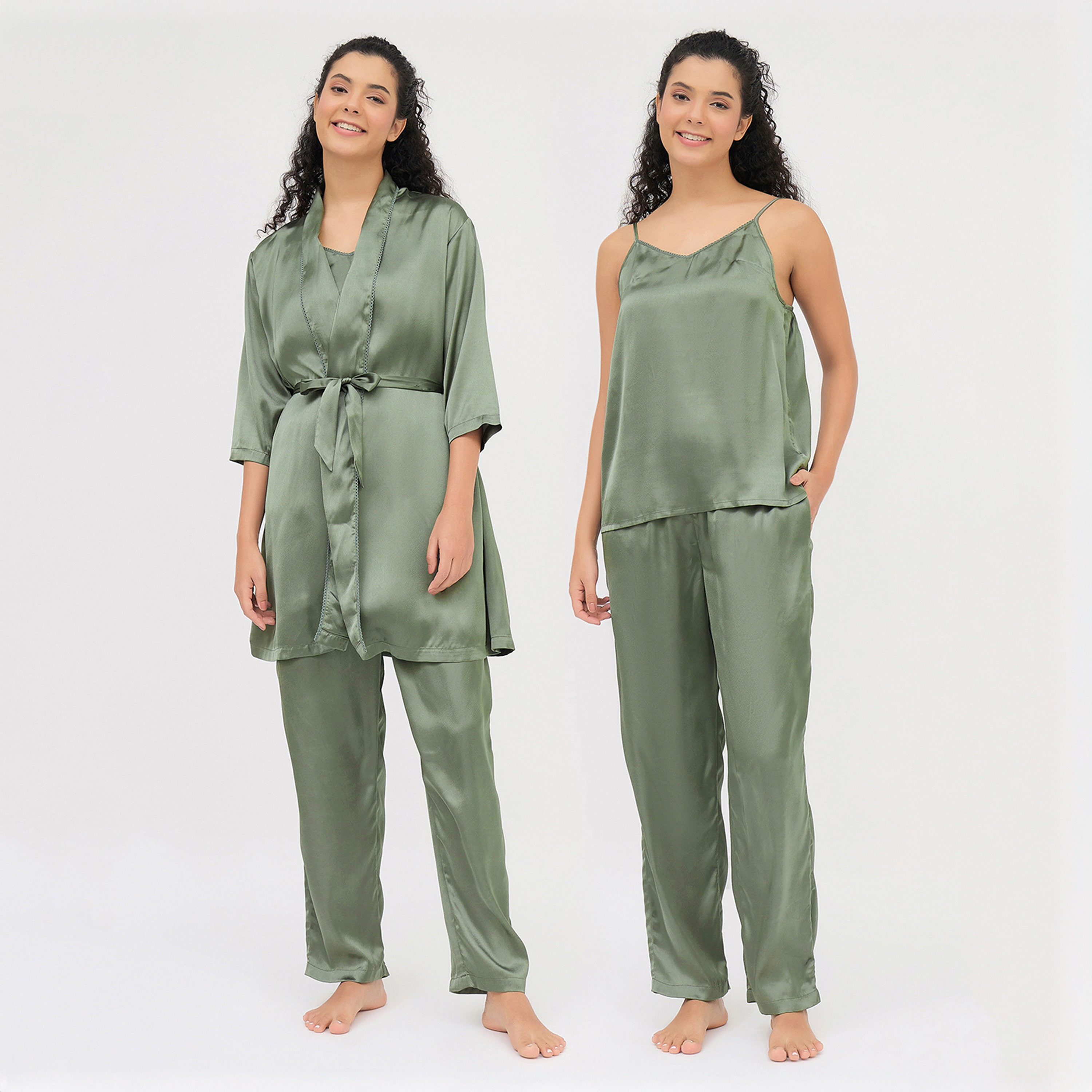 Clovia 3 Pc Set - Women's Cami Top, Pyjama & Robe - Satin-women-clothing-nightwear-pyjamas-longsets-image-6