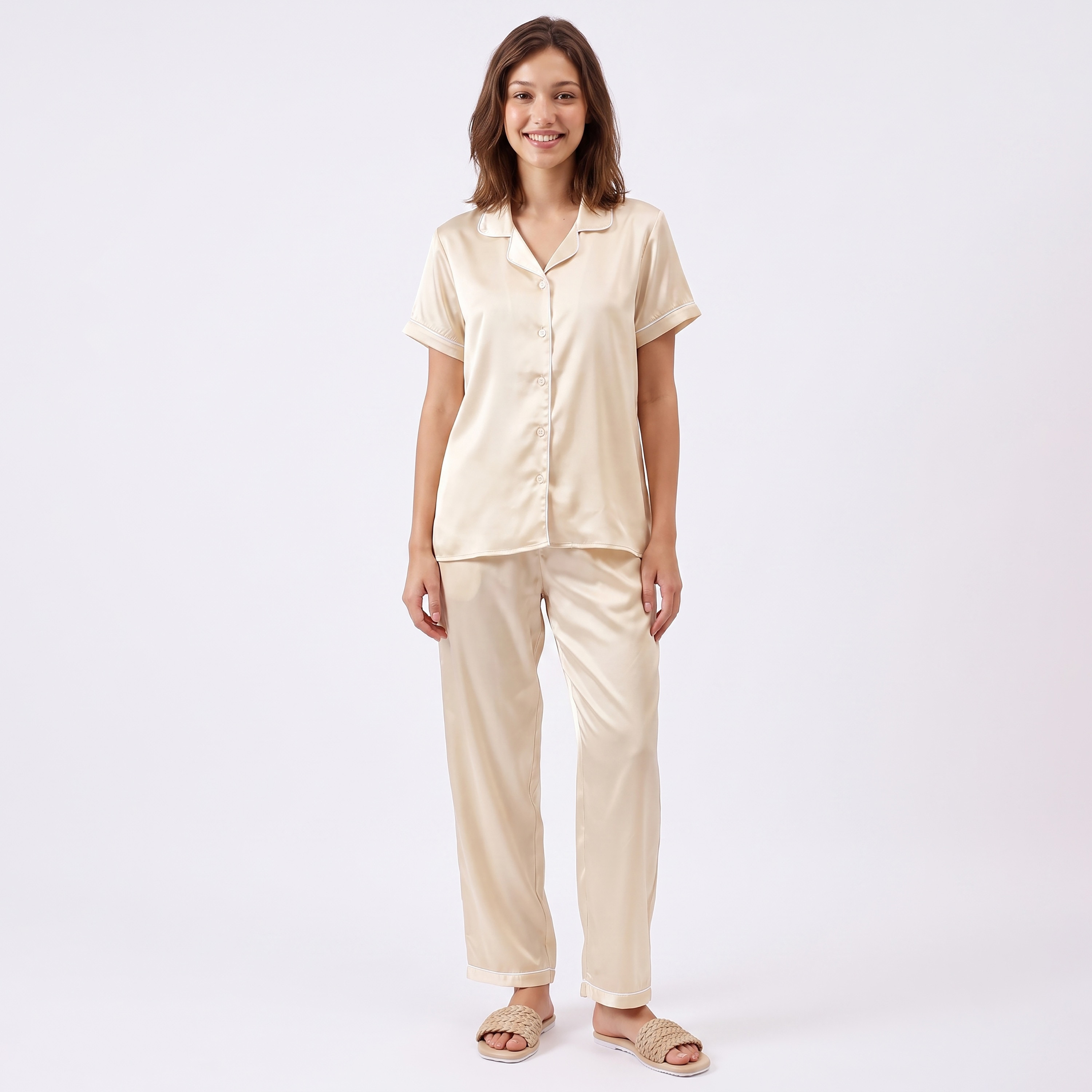 Clovia Button-Down Women's Shirt & Pyjama Set in Cream - Satin-women-clothing-nightwear-pyjamas-longsets-image-1