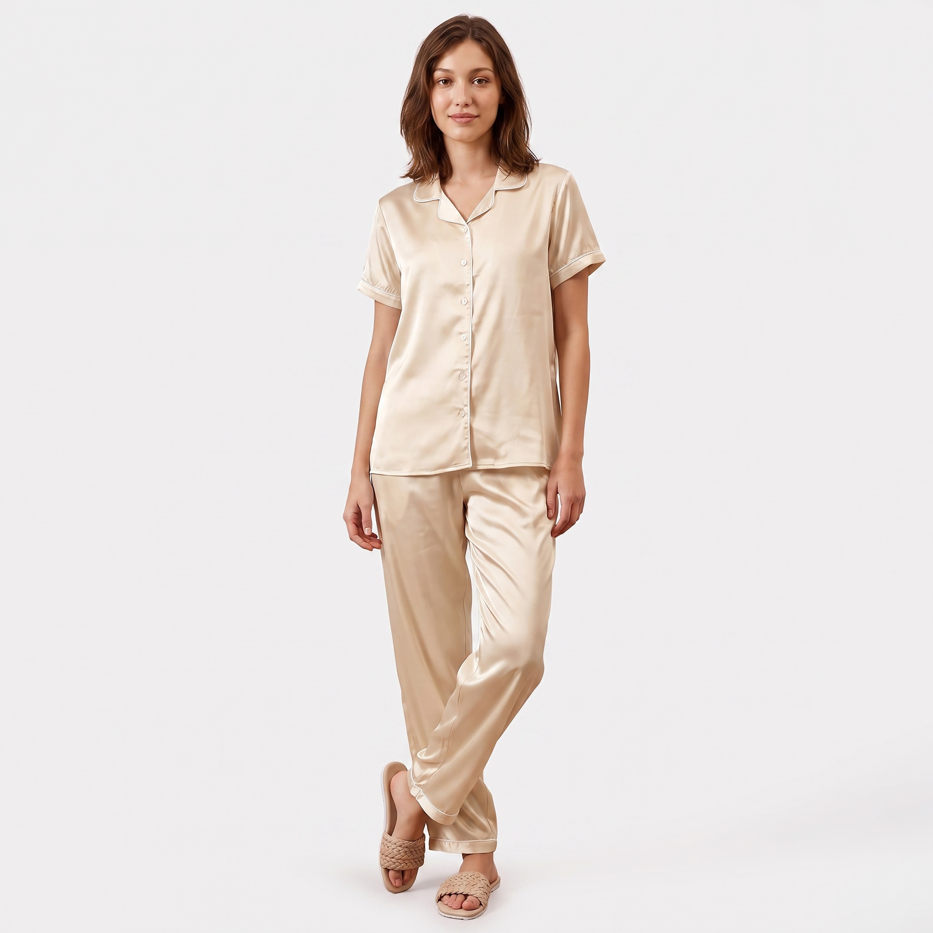 Clovia Button-Down Women's Shirt & Pyjama Set in Cream - Satin-women-clothing-nightwear-pyjamas-longsets-image-2