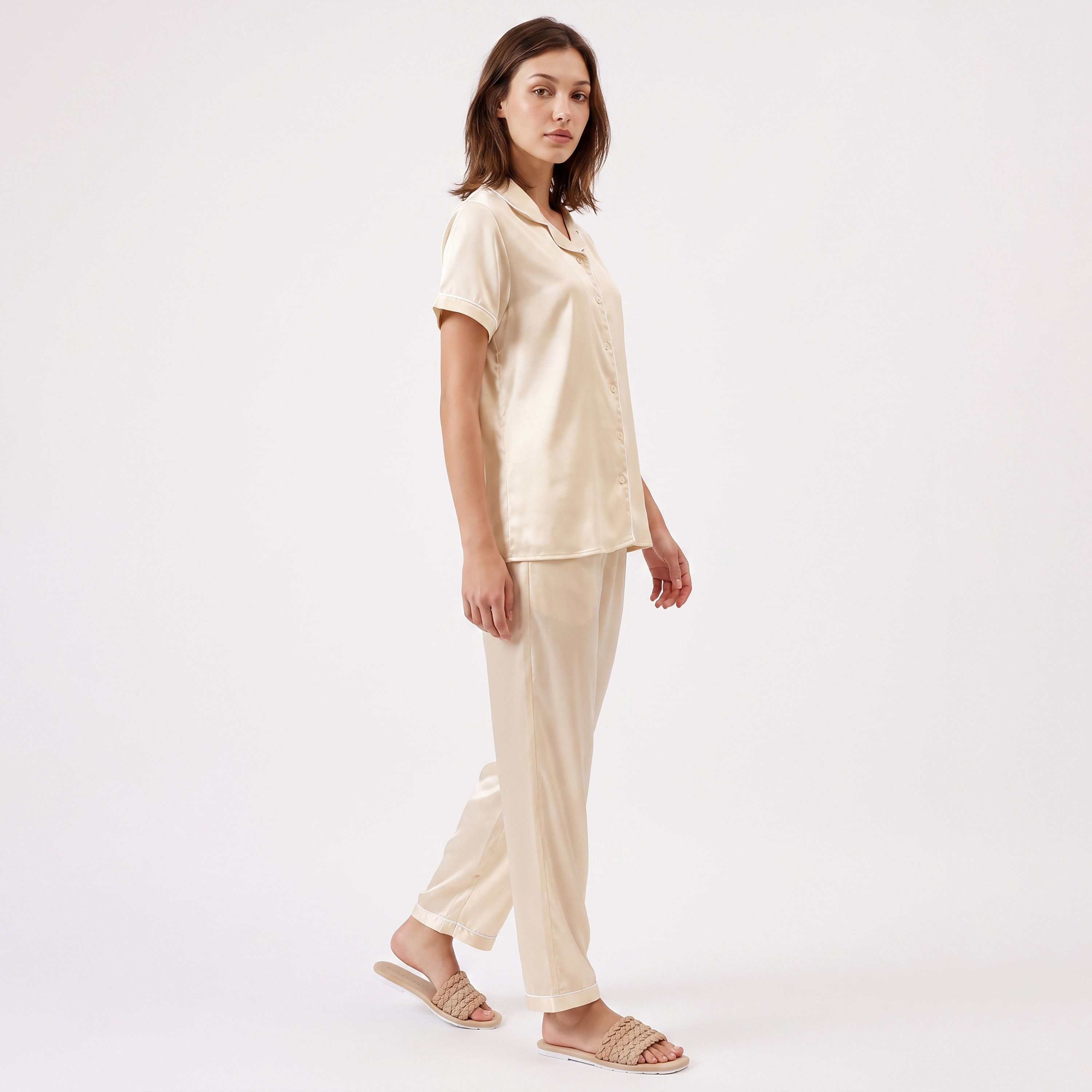 Clovia Button-Down Women's Shirt & Pyjama Set in Cream - Satin-women-clothing-nightwear-pyjamas-longsets-image-3