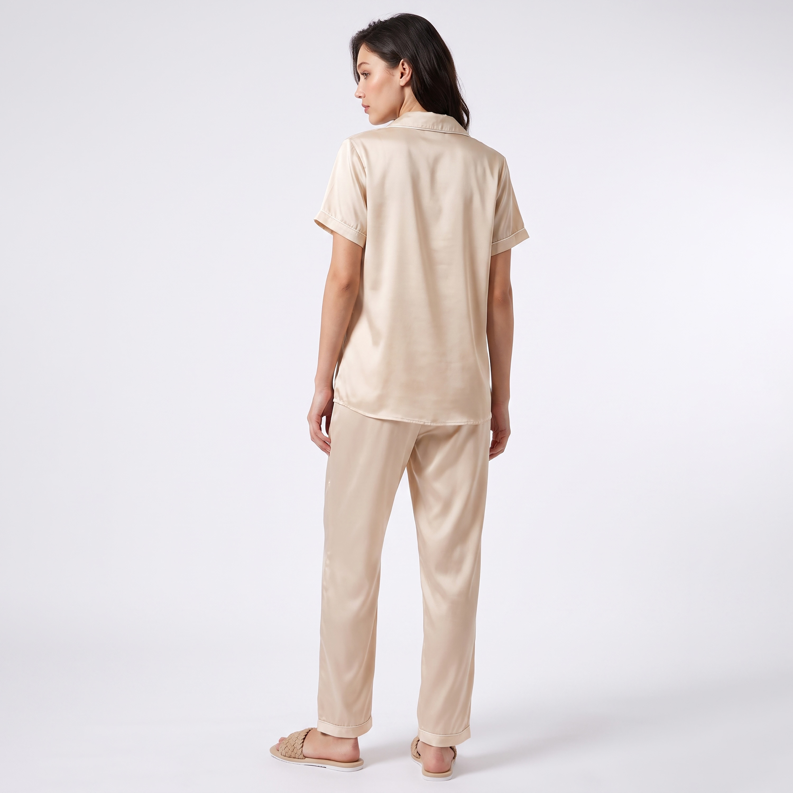 Clovia Button-Down Women's Shirt & Pyjama Set in Cream - Satin-women-clothing-nightwear-pyjamas-longsets-image-4