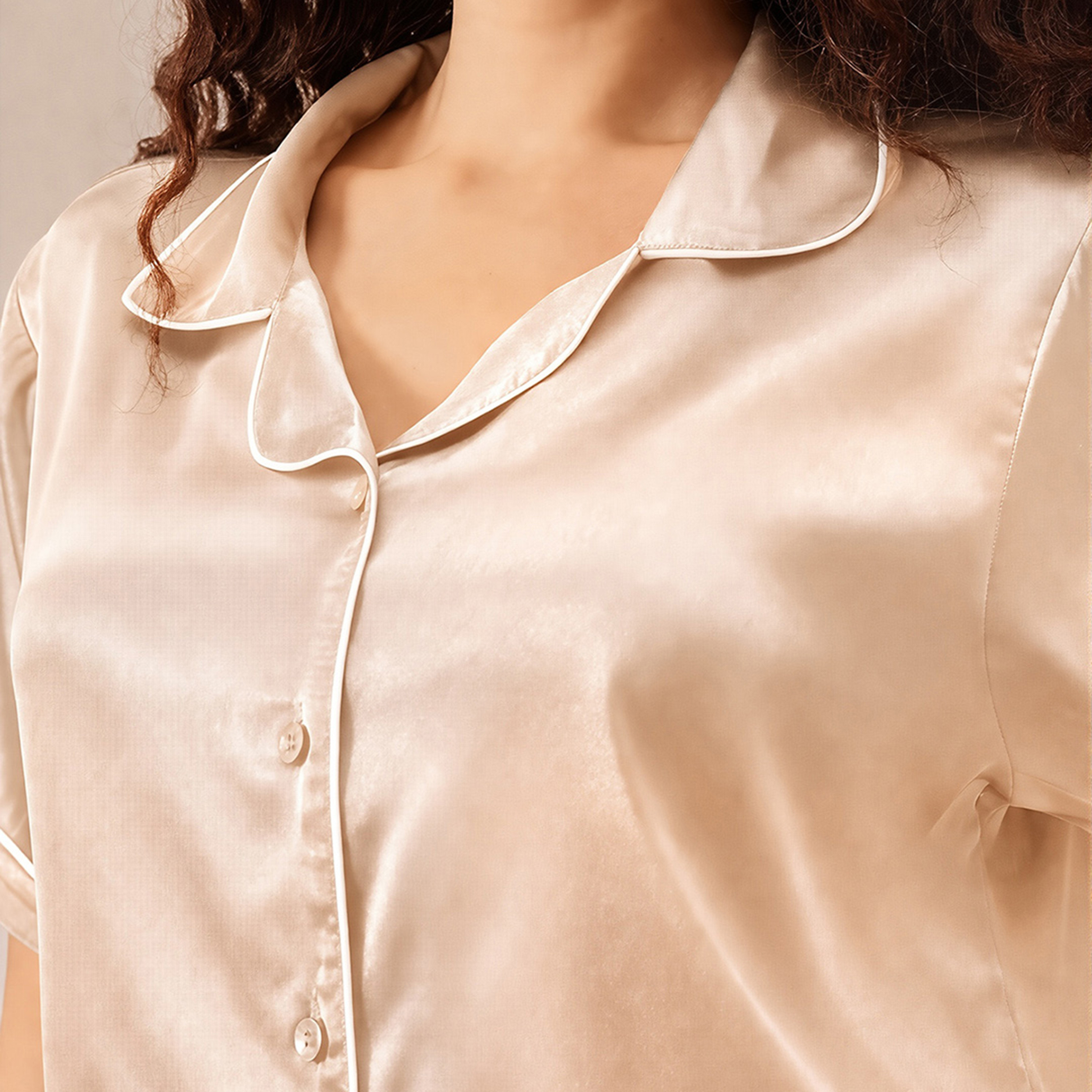 Clovia Button-Down Women's Shirt & Pyjama Set in Cream - Satin-women-clothing-nightwear-pyjamas-longsets-image-5