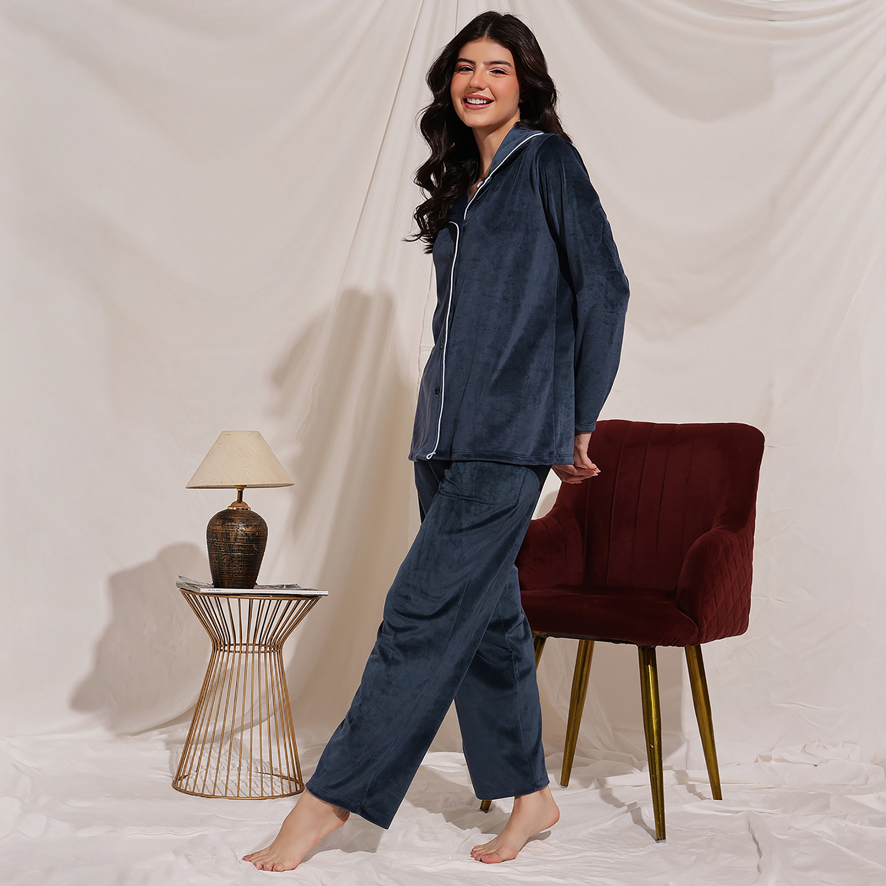 Clovia Button Down Women's Shirt & Pyjama Set in Navy Colour - Velour-women-clothing-nightwear-pyjamas-longsets-image-2