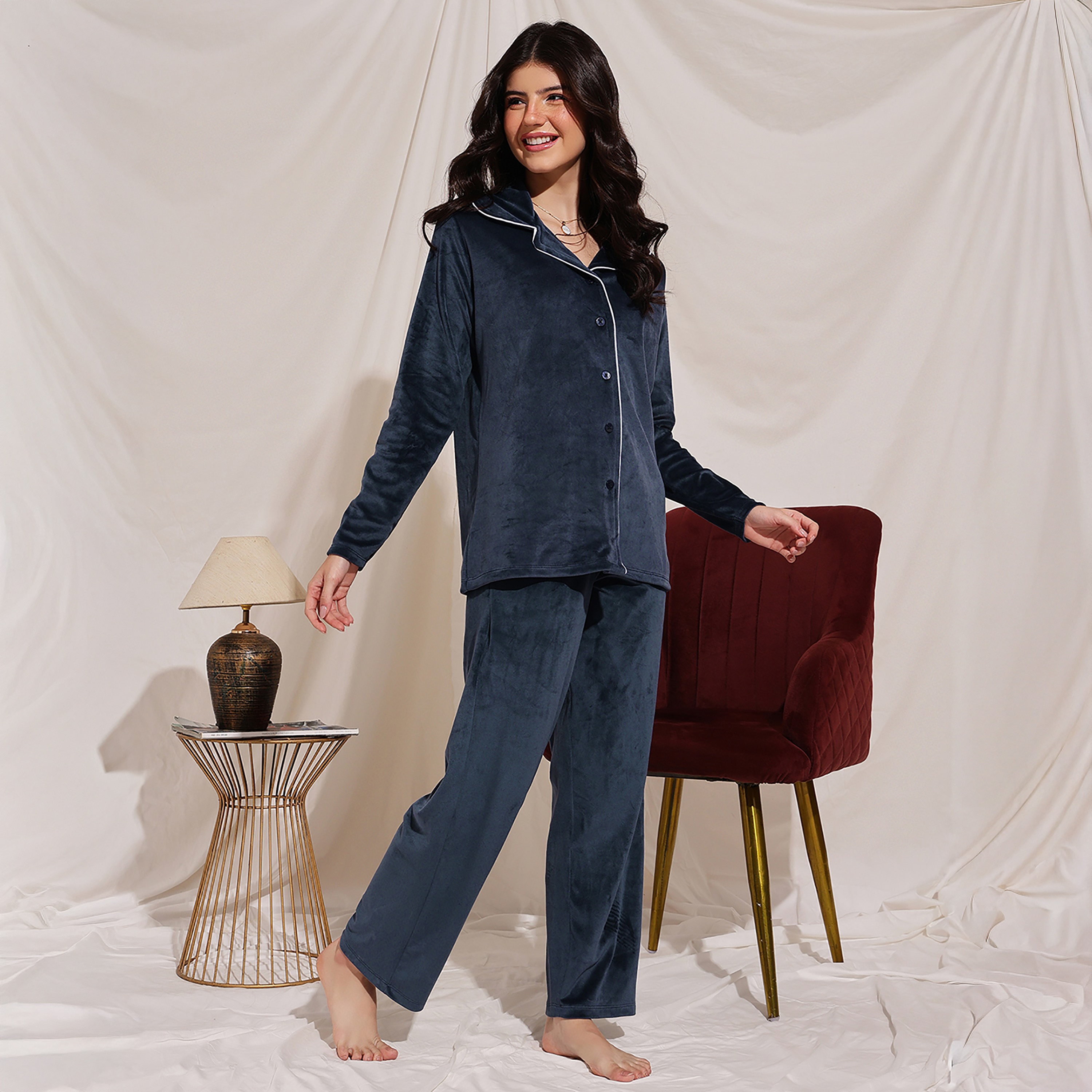 Clovia Button Down Women's Shirt & Pyjama Set in Navy Colour - Velour-women-clothing-nightwear-pyjamas-longsets-image-3