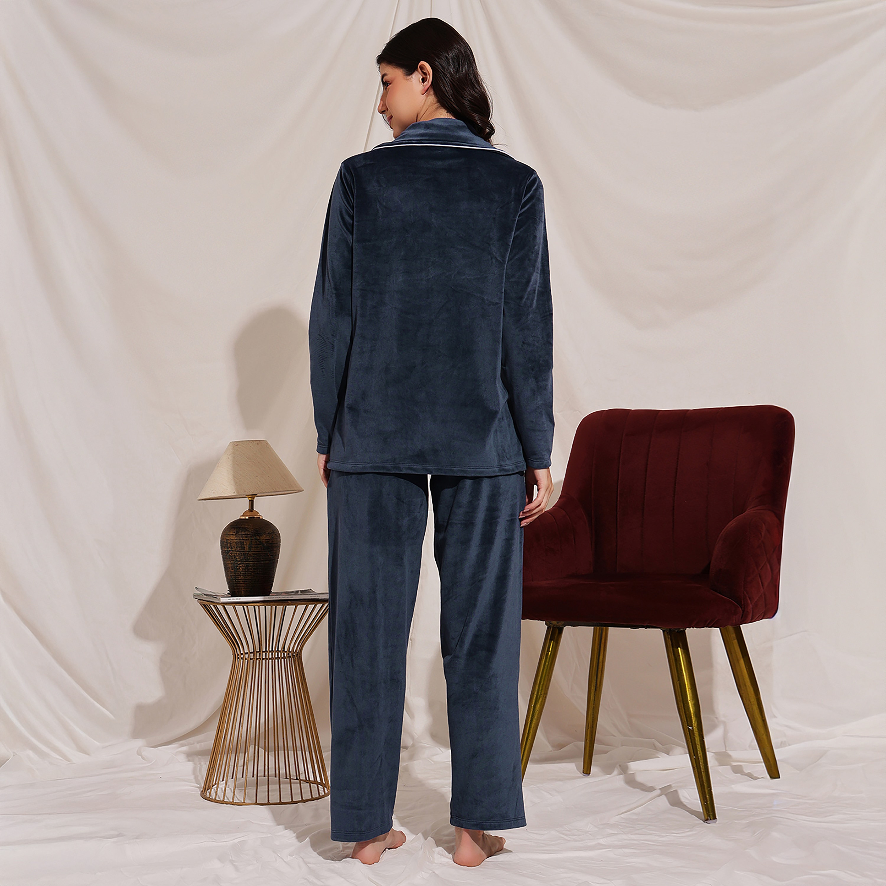Clovia Button Down Women's Shirt & Pyjama Set in Navy Colour - Velour-women-clothing-nightwear-pyjamas-longsets-image-4