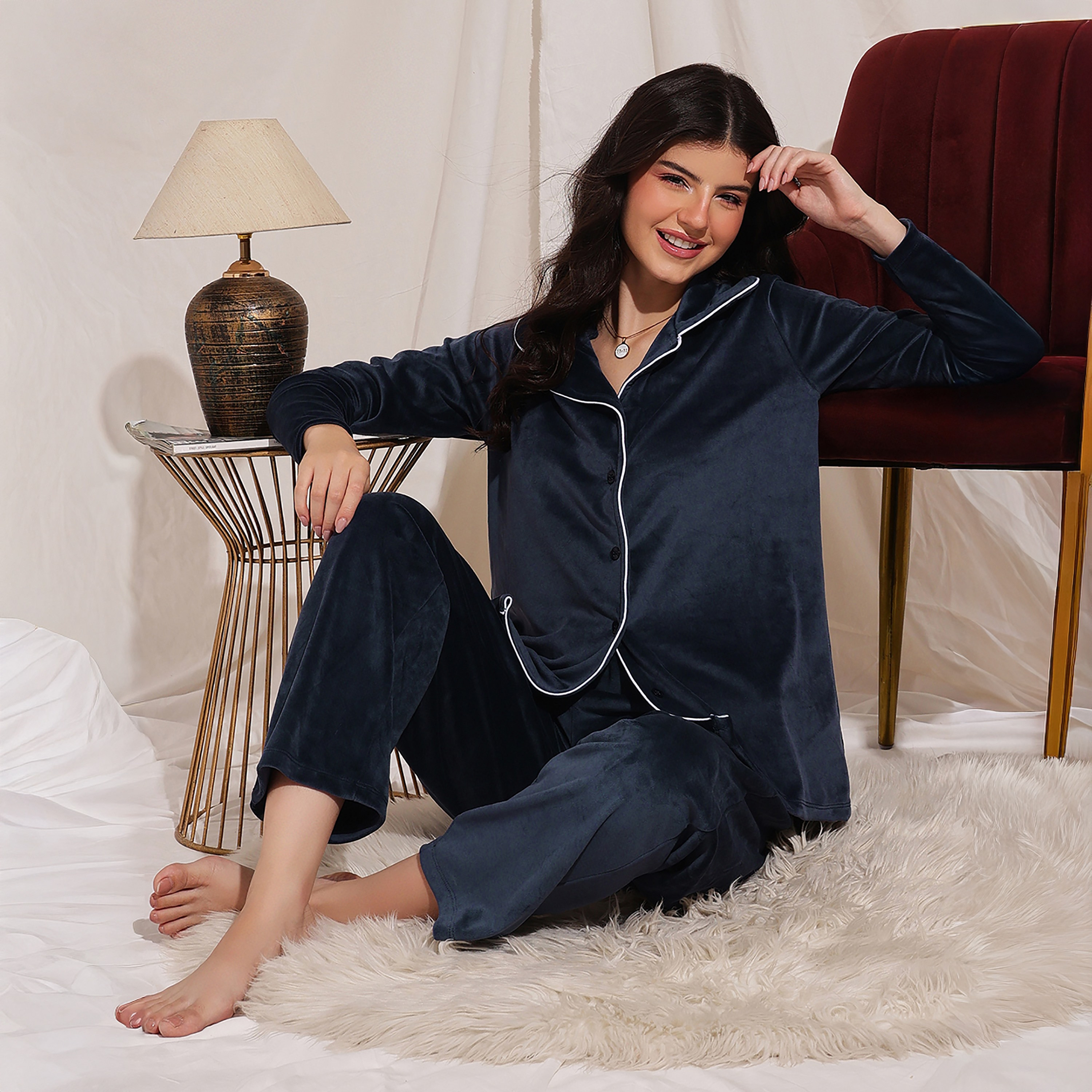 Clovia Button Down Women's Shirt & Pyjama Set in Navy Colour - Velour-women-clothing-nightwear-pyjamas-longsets-image-5