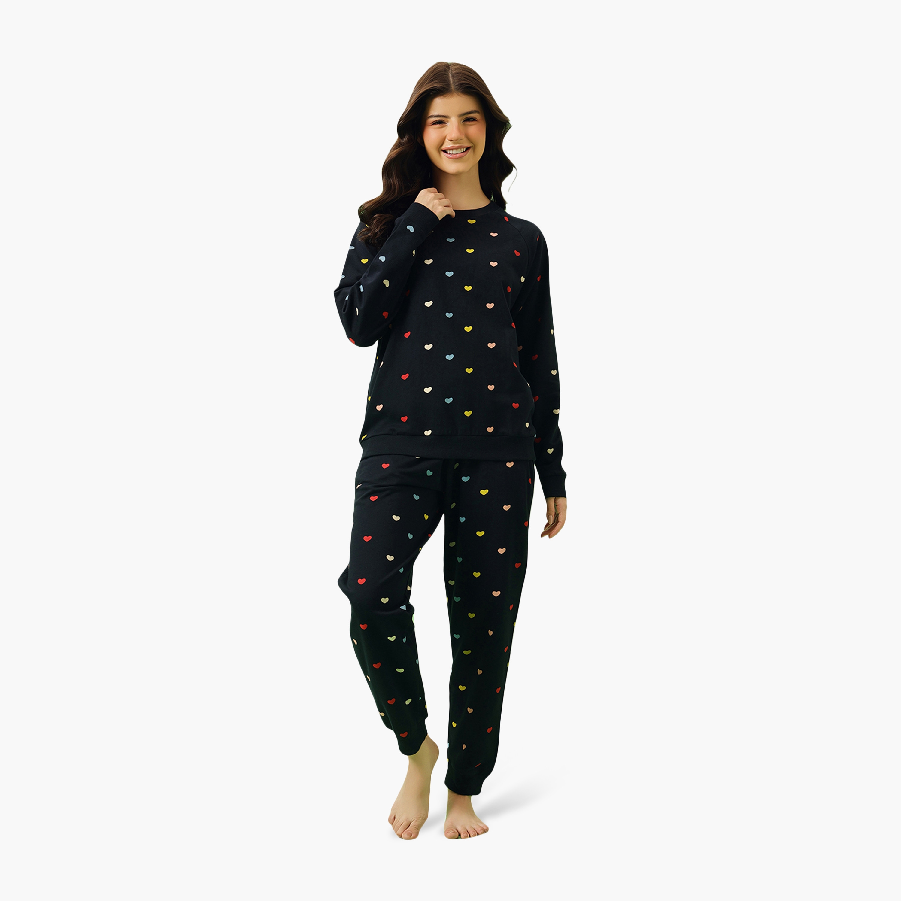 Clovia Heart Print Women's Sweatshirt & Joggers Set in Navy Colour - 100% Terry Cotton-women-clothing-nightwear-pyjamas-longsets-image-1