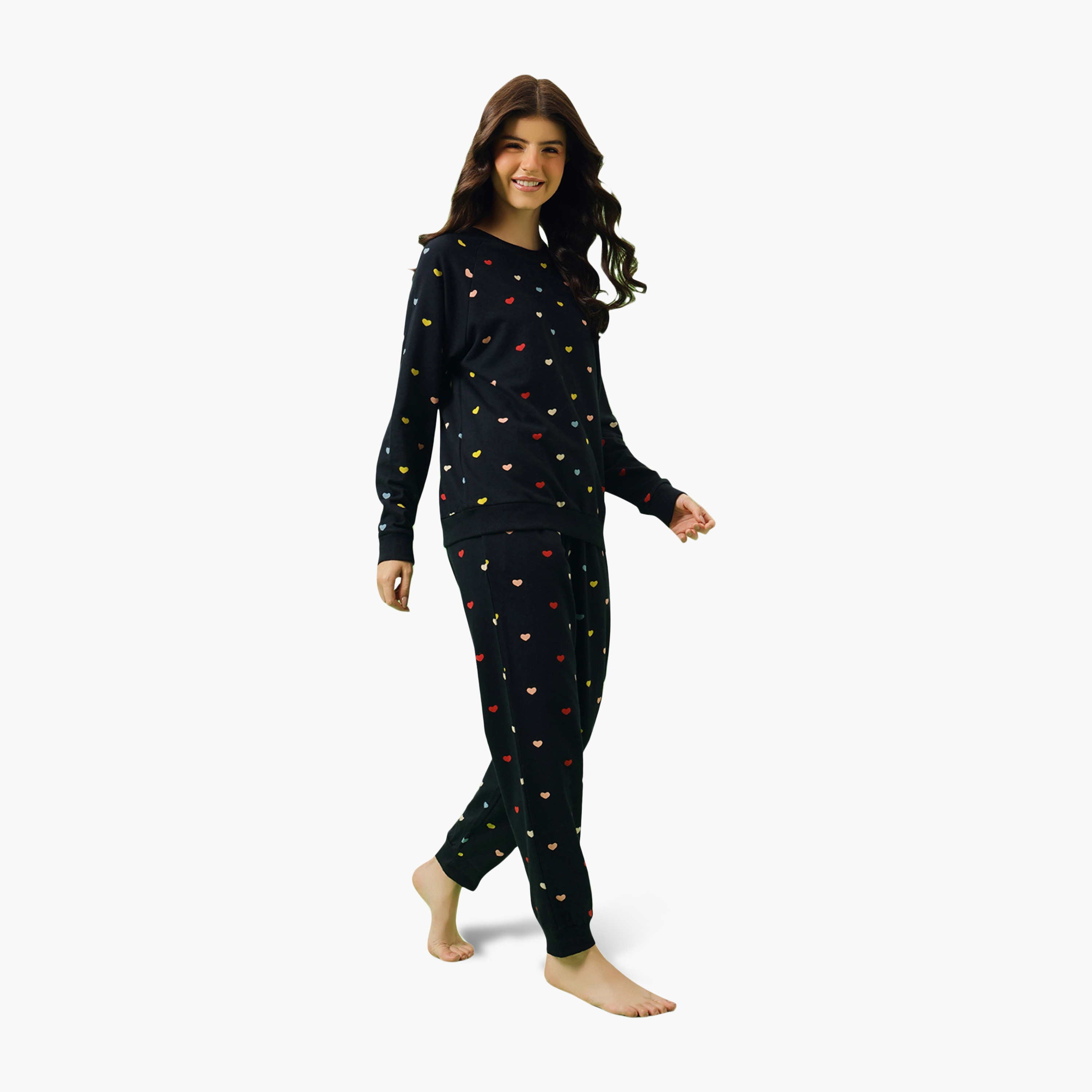 Clovia Heart Print Women's Sweatshirt & Joggers Set in Navy Colour - 100% Terry Cotton-women-clothing-nightwear-pyjamas-longsets-image-2
