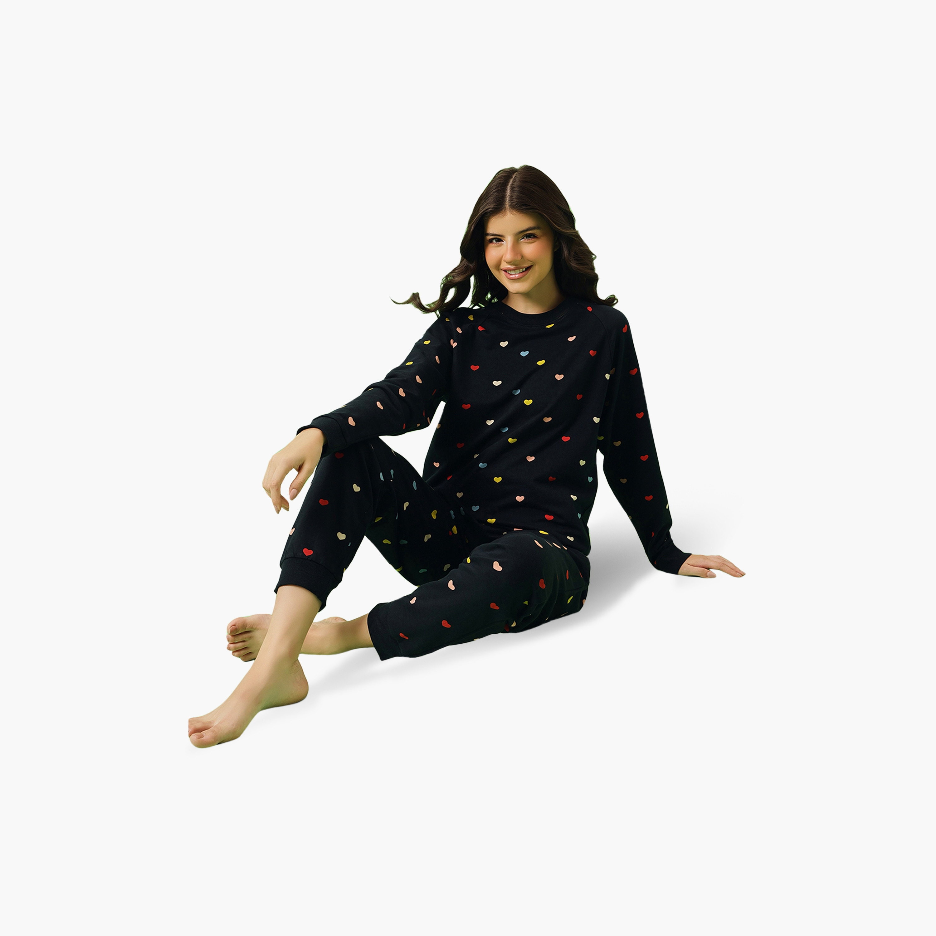 طقم سويت شيرت وبنطلون جوجر نسائي بطبعة قلب بلون كحلي من كلوفيا - قطن تيري 100%-women-clothing-nightwear-pyjamas-longsets-image-5