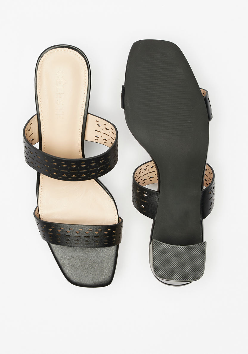 Celeste Women's Cutwork Detail Slip-On Sandals with Block Heels-Women%27s Heel Sandals-image-3