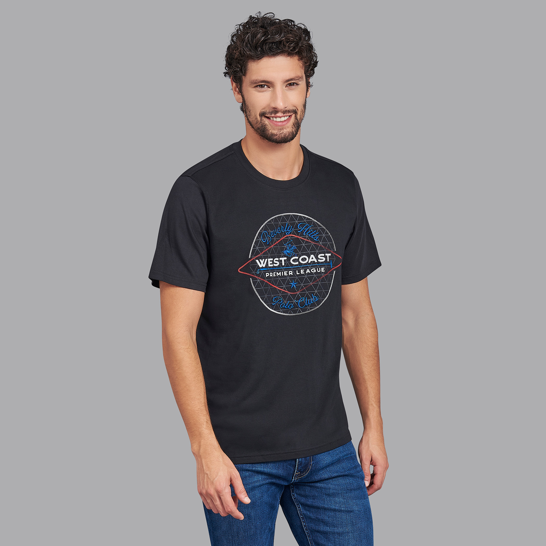 قميص بيفرلي هيلز بولو كلب أسود مطبوع بياقة مستديرة وأكمام قصيرة للرجال-men-clothing-tshirtsandpolos-tshirts-image-1