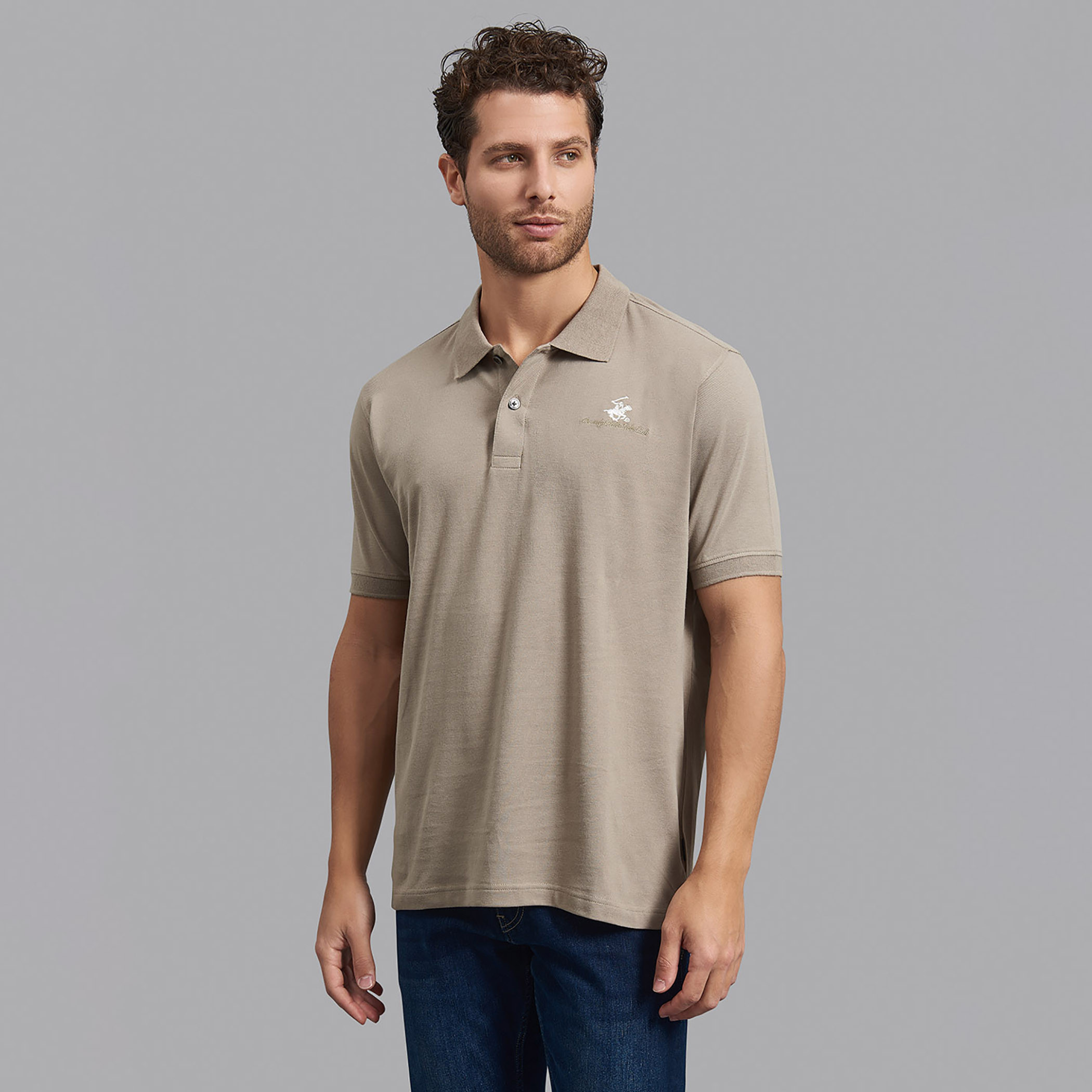 قميص بيفرلي هيلز بولو كلب رجالي بيج سادة بأكمام قصيرة-men-clothing-tshirtsandpolos-polos-image-1