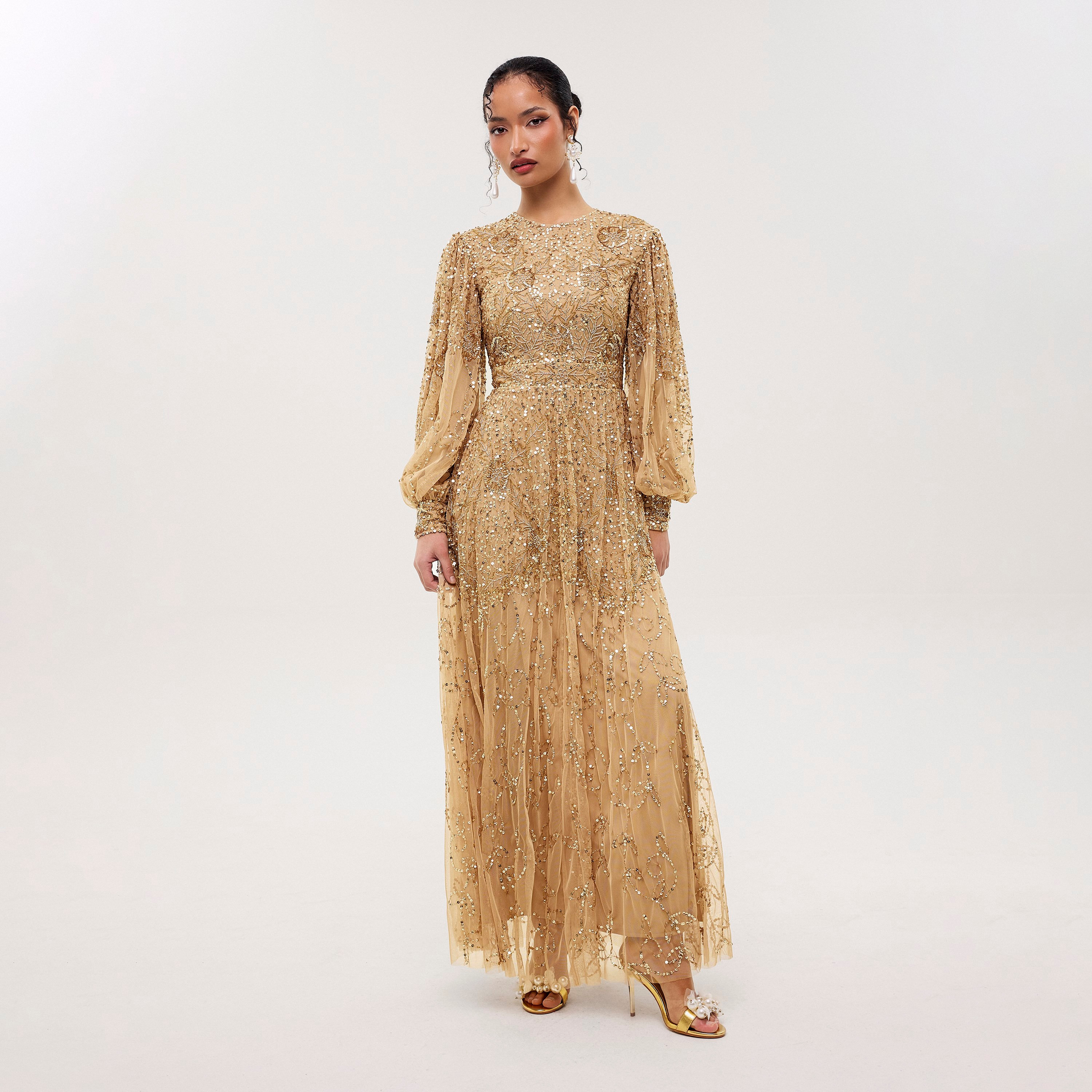 Maryisa Eli Gold Sequined & Beaded Balloon Sleeves Flared Women's Evening Maxi Dress-women-clothing-dresses-image-1