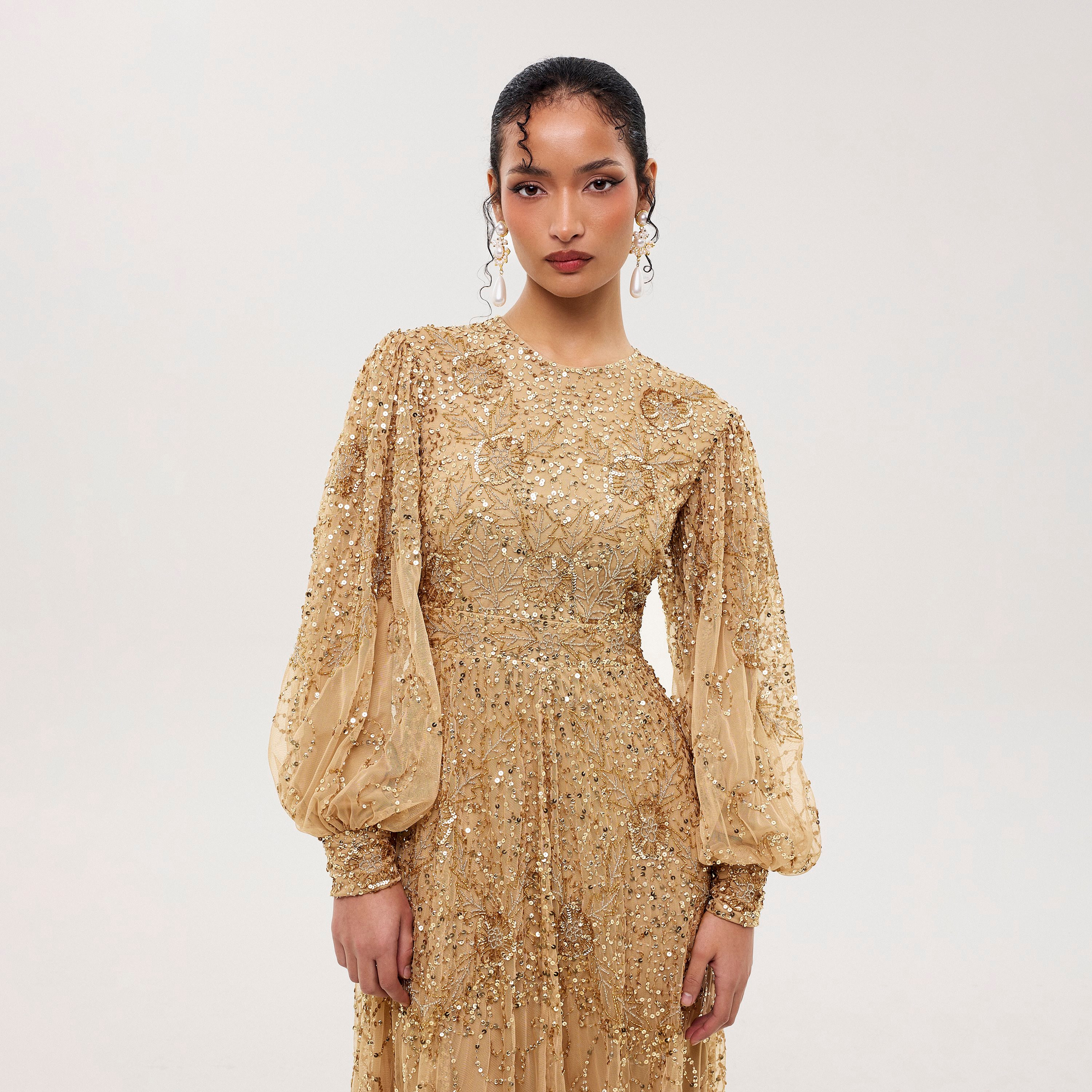 Maryisa Eli Gold Sequined & Beaded Balloon Sleeves Flared Women's Evening Maxi Dress-women-clothing-dresses-image-2