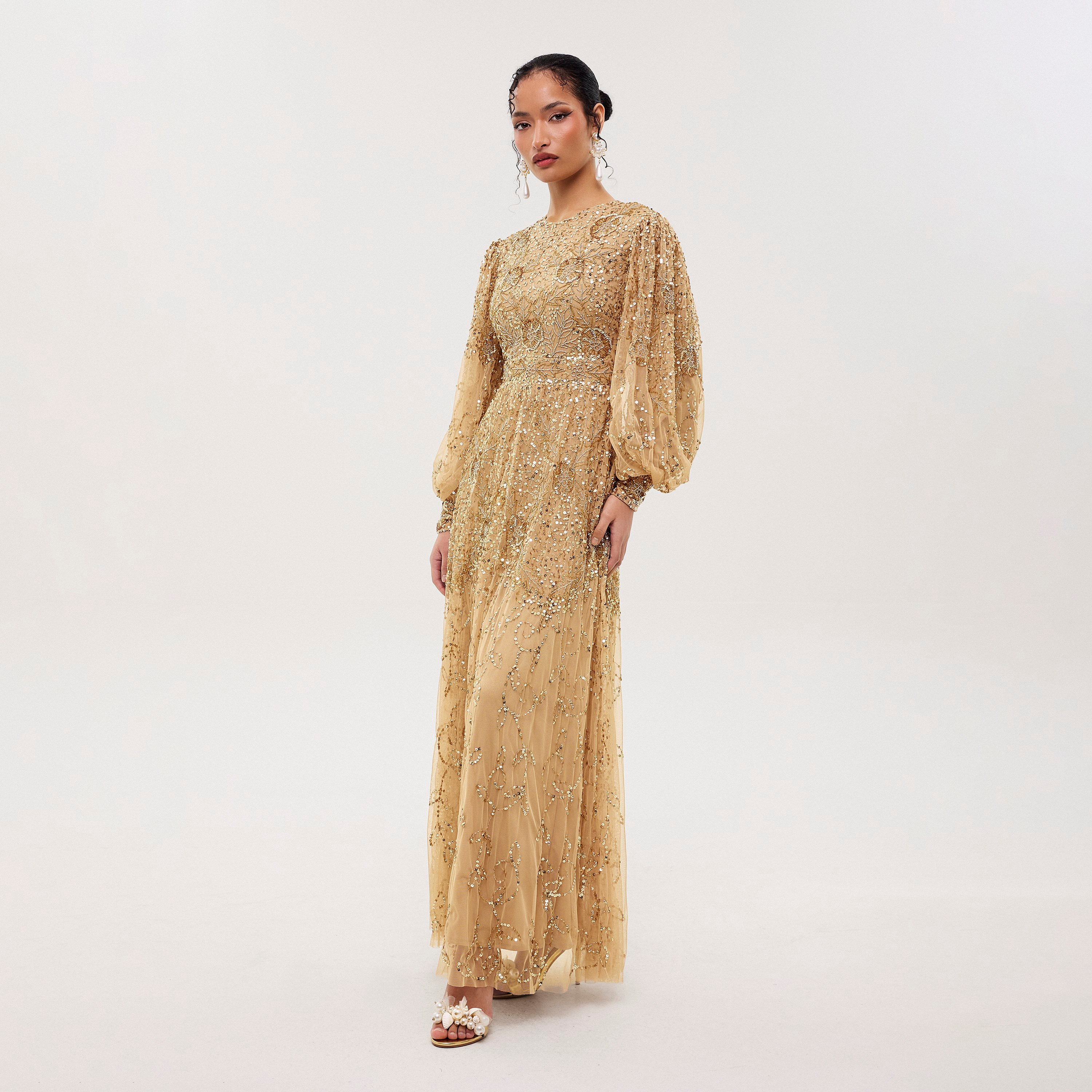 Maryisa Eli Gold Sequined & Beaded Balloon Sleeves Flared Women's Evening Maxi Dress-women-clothing-dresses-image-3