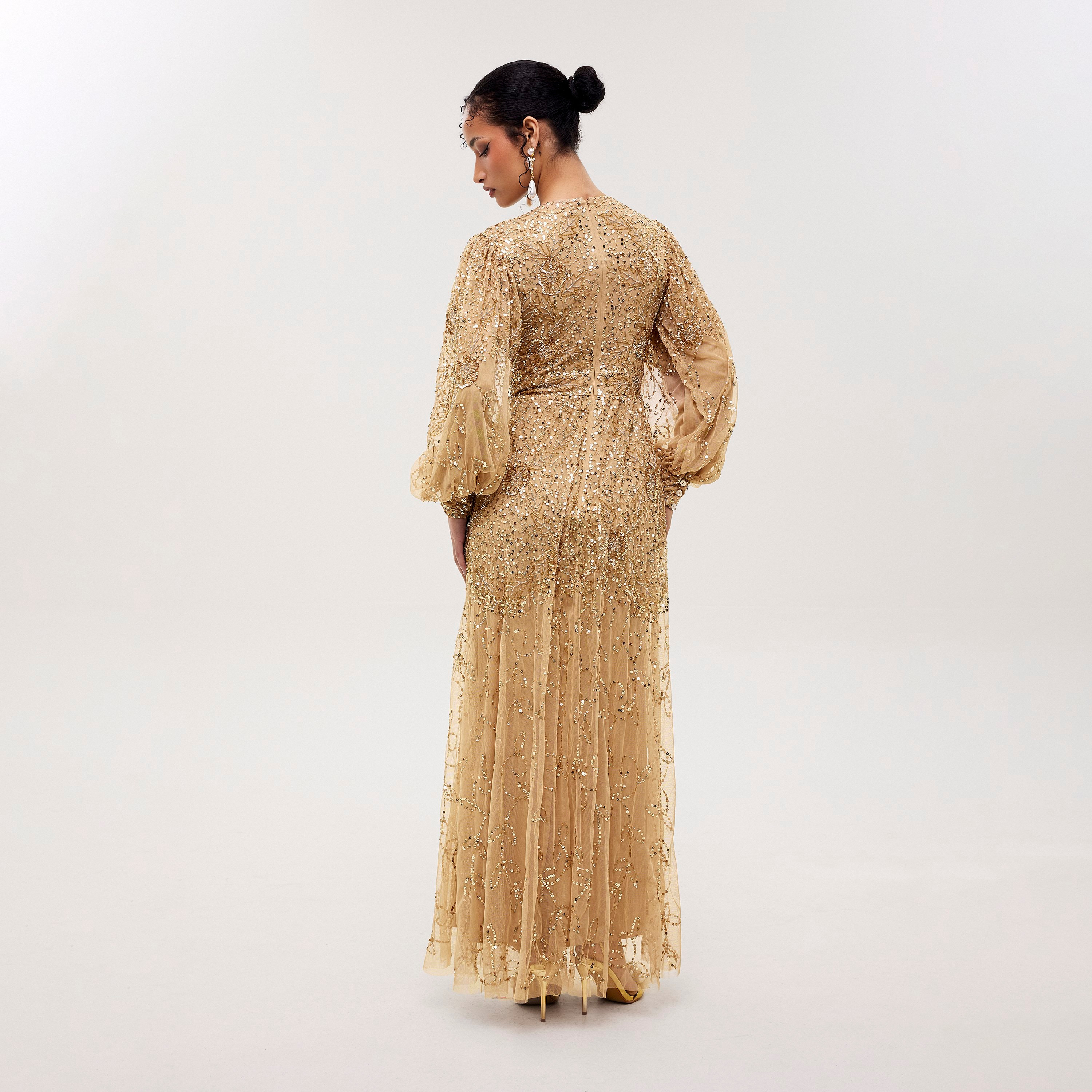 Maryisa Eli Gold Sequined & Beaded Balloon Sleeves Flared Women's Evening Maxi Dress-women-clothing-dresses-image-4