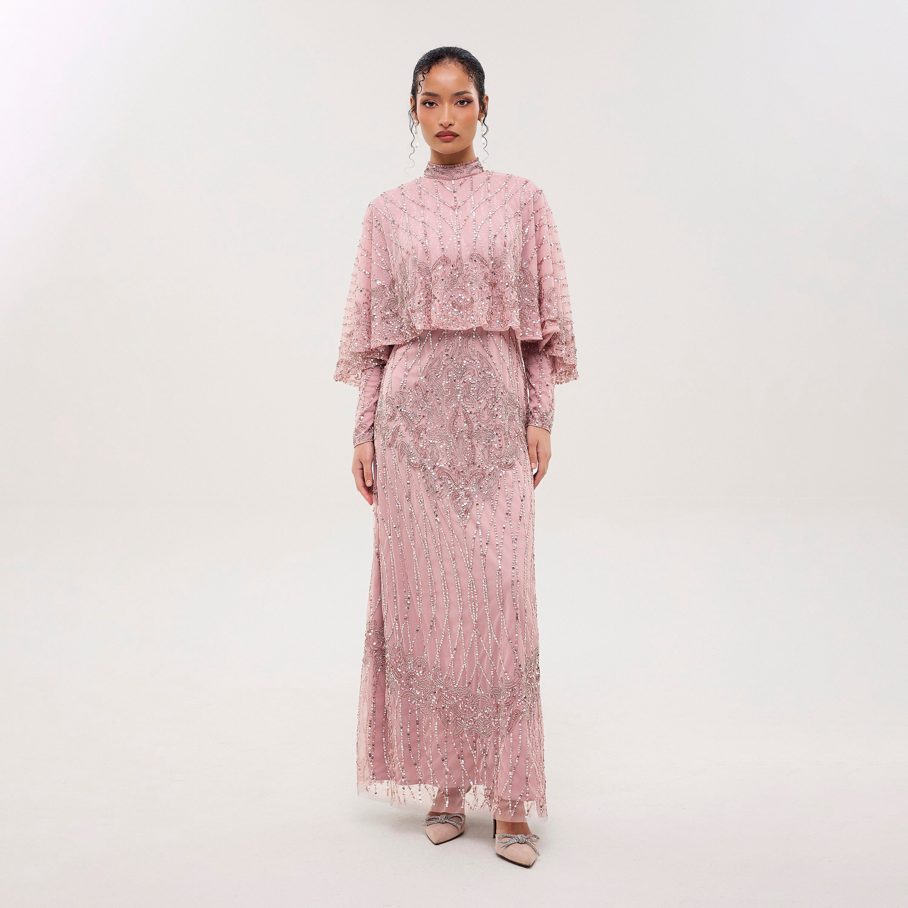 Maryisa Rhea Pink Sequined & Beaded High Neck Straight Women's Evening Maxi Dress with Cape Overlay-women-clothing-dresses-image-1