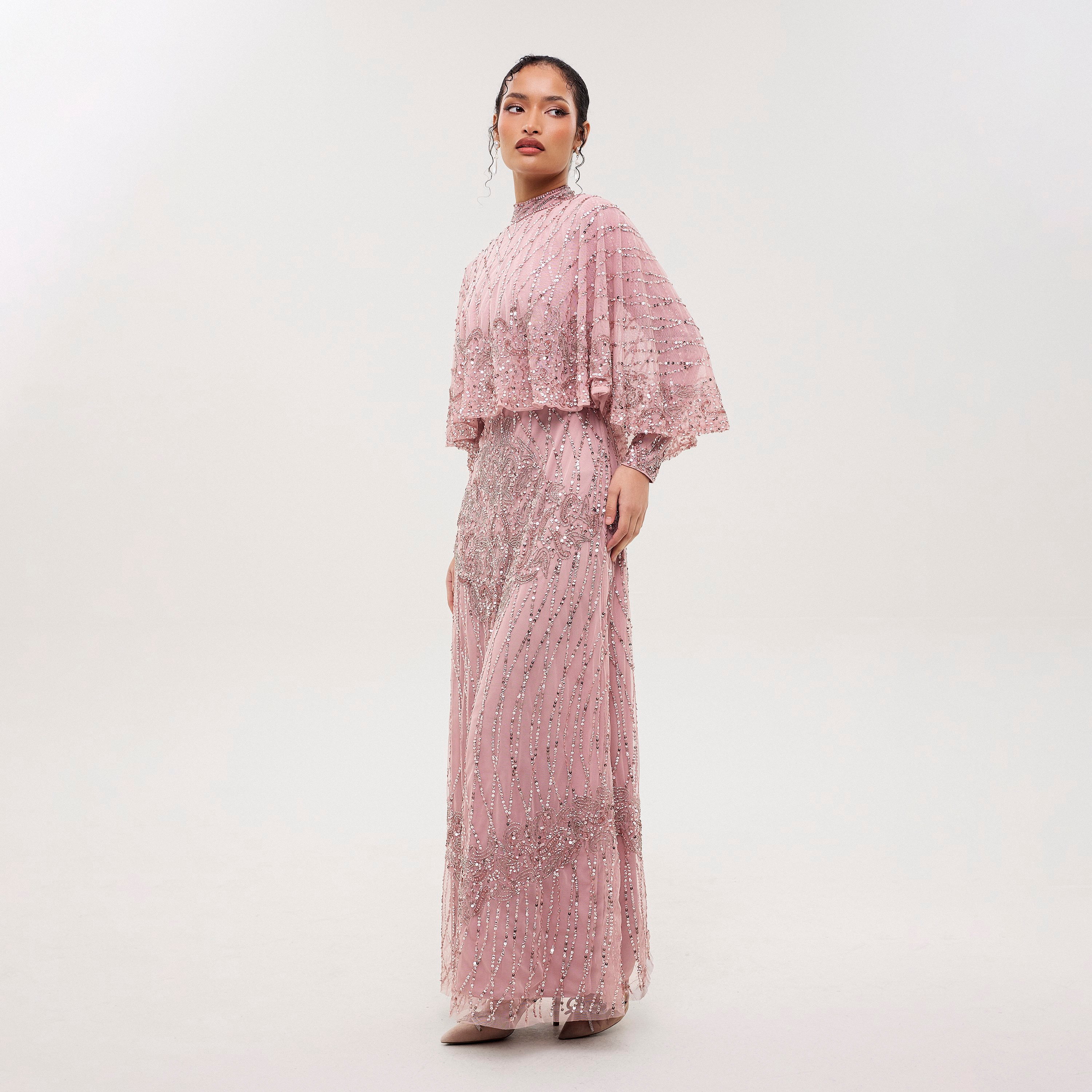 Maryisa Rhea Pink Sequined & Beaded High Neck Straight Women's Evening Maxi Dress with Cape Overlay-women-clothing-dresses-image-3