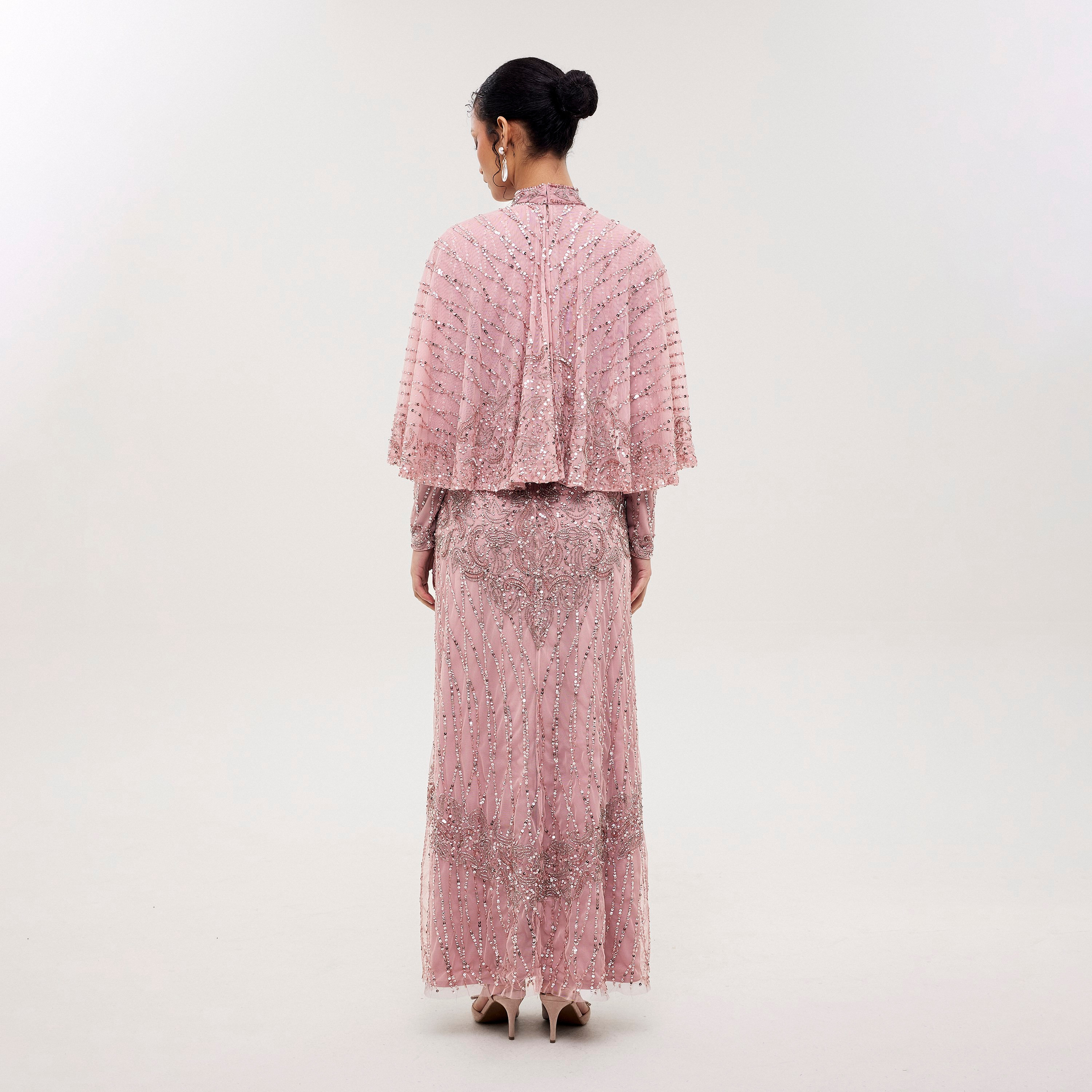 Maryisa Rhea Pink Sequined & Beaded High Neck Straight Women's Evening Maxi Dress with Cape Overlay-women-clothing-dresses-image-4