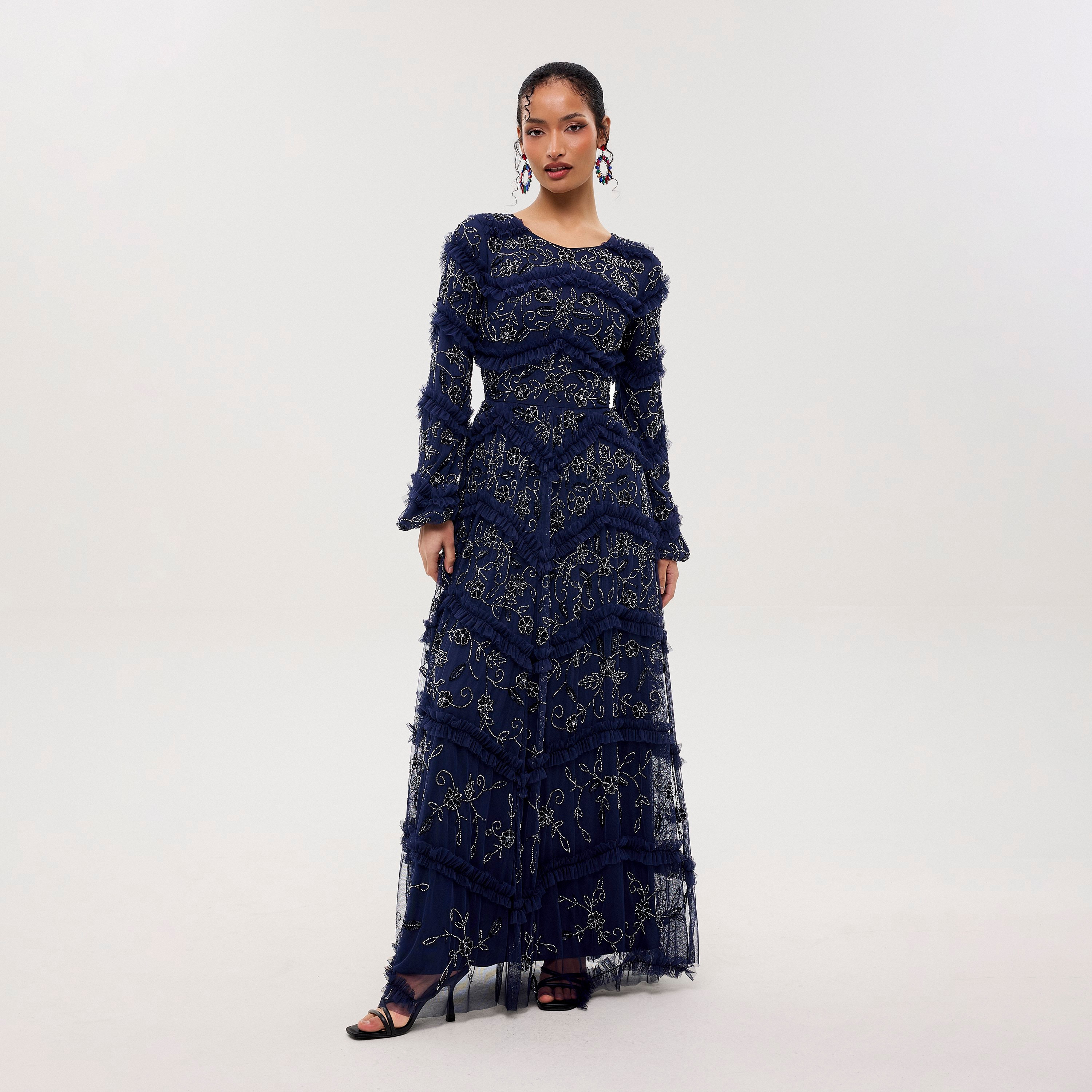 Maryisa Sera Blue Sequined & Beaded Elasticated Cuff Sleeves Tiered Women's Evening Maxi Dress-women-clothing-dresses-image-1