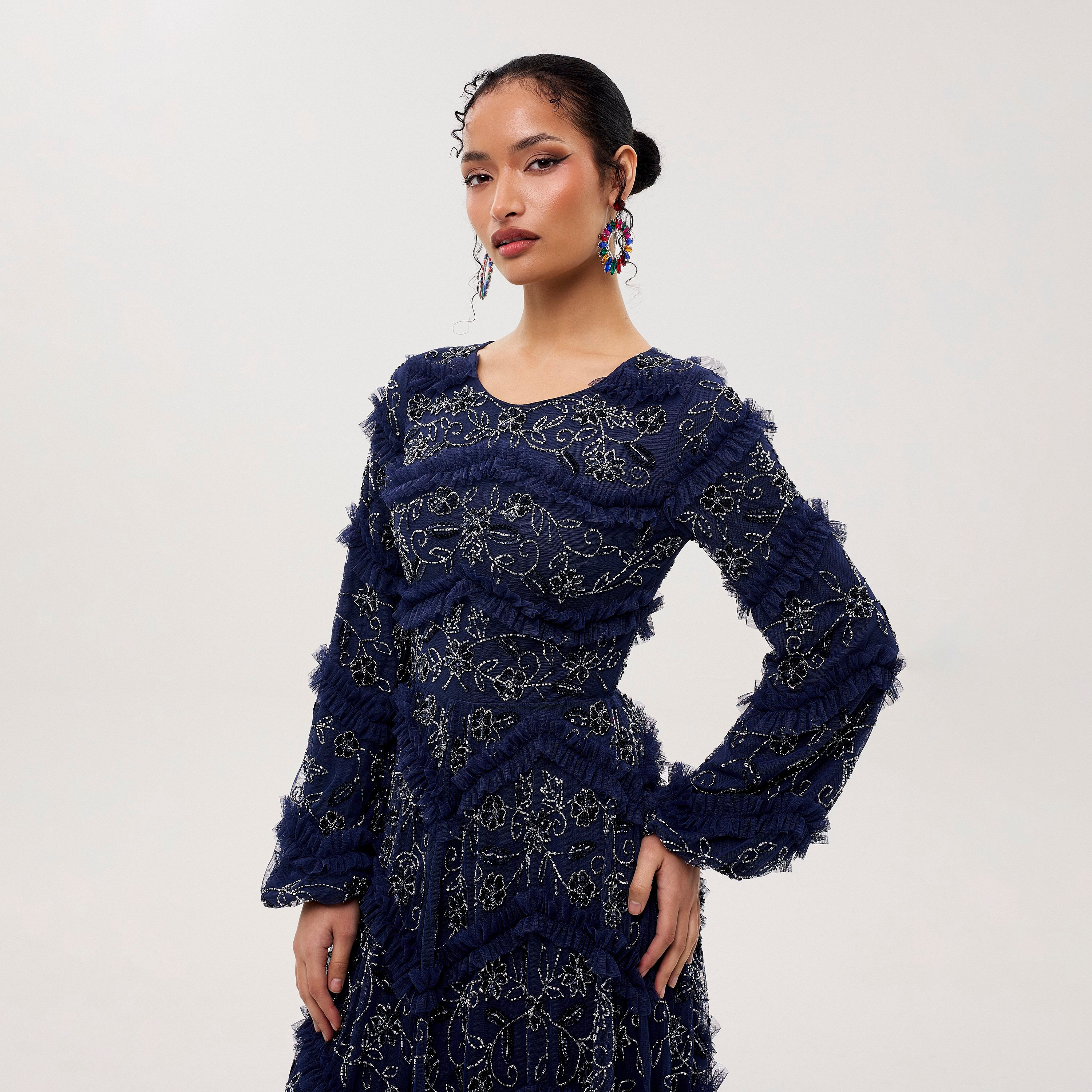 Maryisa Sera Blue Sequined & Beaded Elasticated Cuff Sleeves Tiered Women's Evening Maxi Dress-women-clothing-dresses-image-2