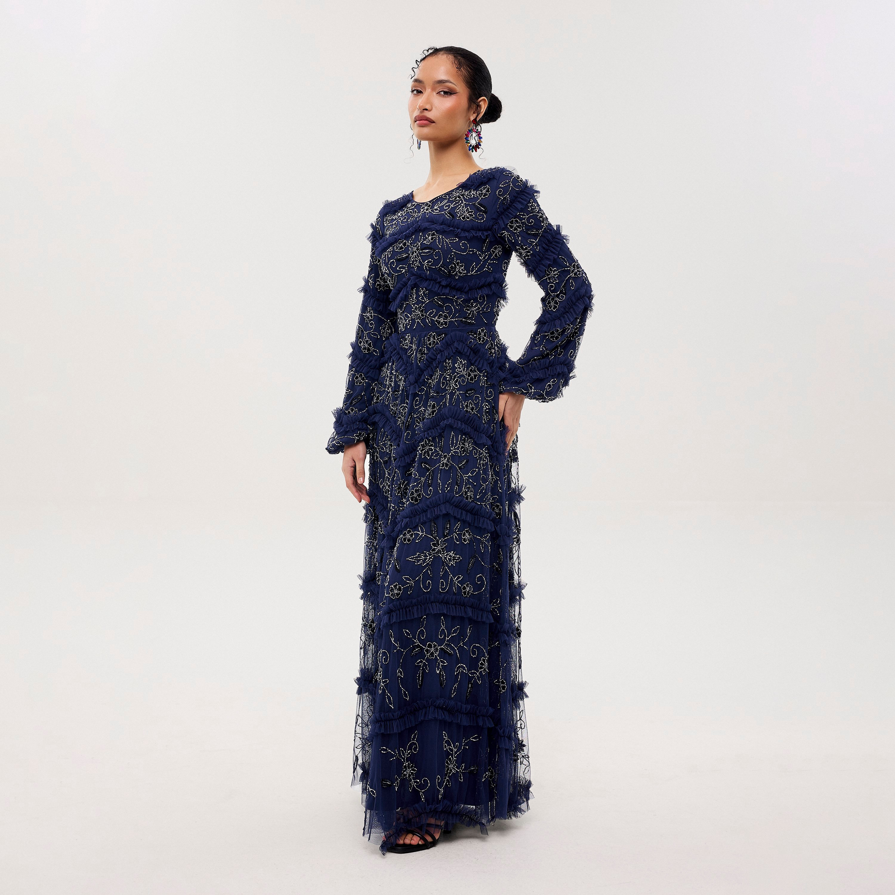 Maryisa Sera Blue Sequined & Beaded Elasticated Cuff Sleeves Tiered Women's Evening Maxi Dress-women-clothing-dresses-image-3