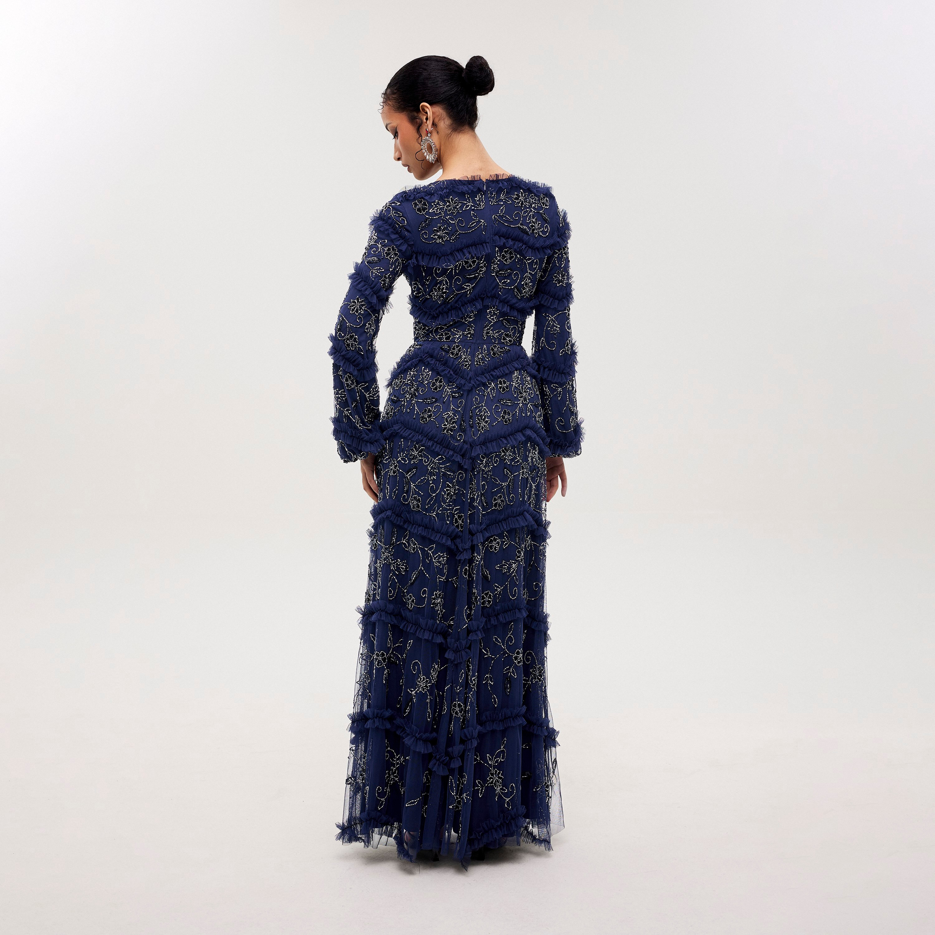 Maryisa Sera Blue Sequined & Beaded Elasticated Cuff Sleeves Tiered Women's Evening Maxi Dress-women-clothing-dresses-image-4