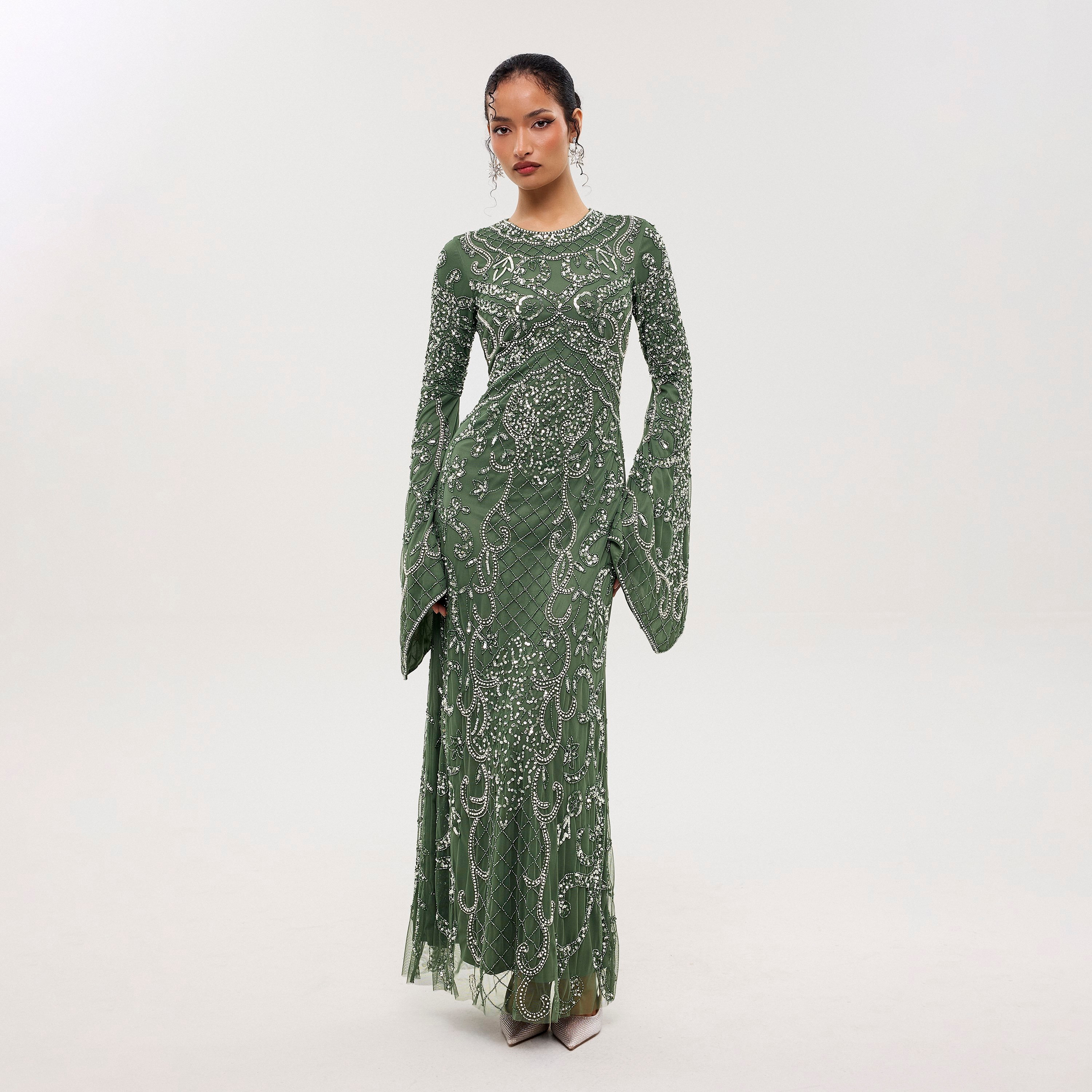 Maryisa Ema Green Sequined & Beaded Flared Sleeves Straight Women's Evening Maxi Dress-women-clothing-dresses-image-1