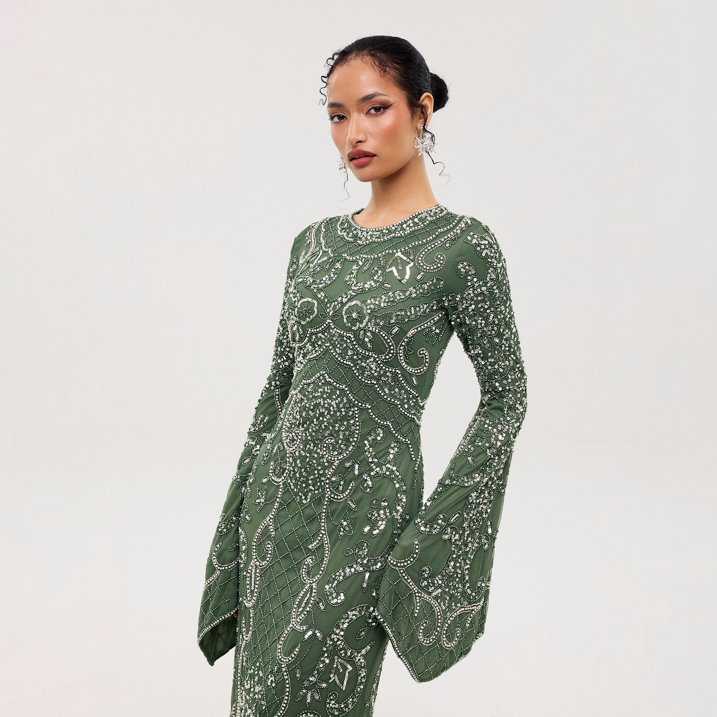Maryisa Ema Green Sequined & Beaded Flared Sleeves Straight Women's Evening Maxi Dress-women-clothing-dresses-image-2