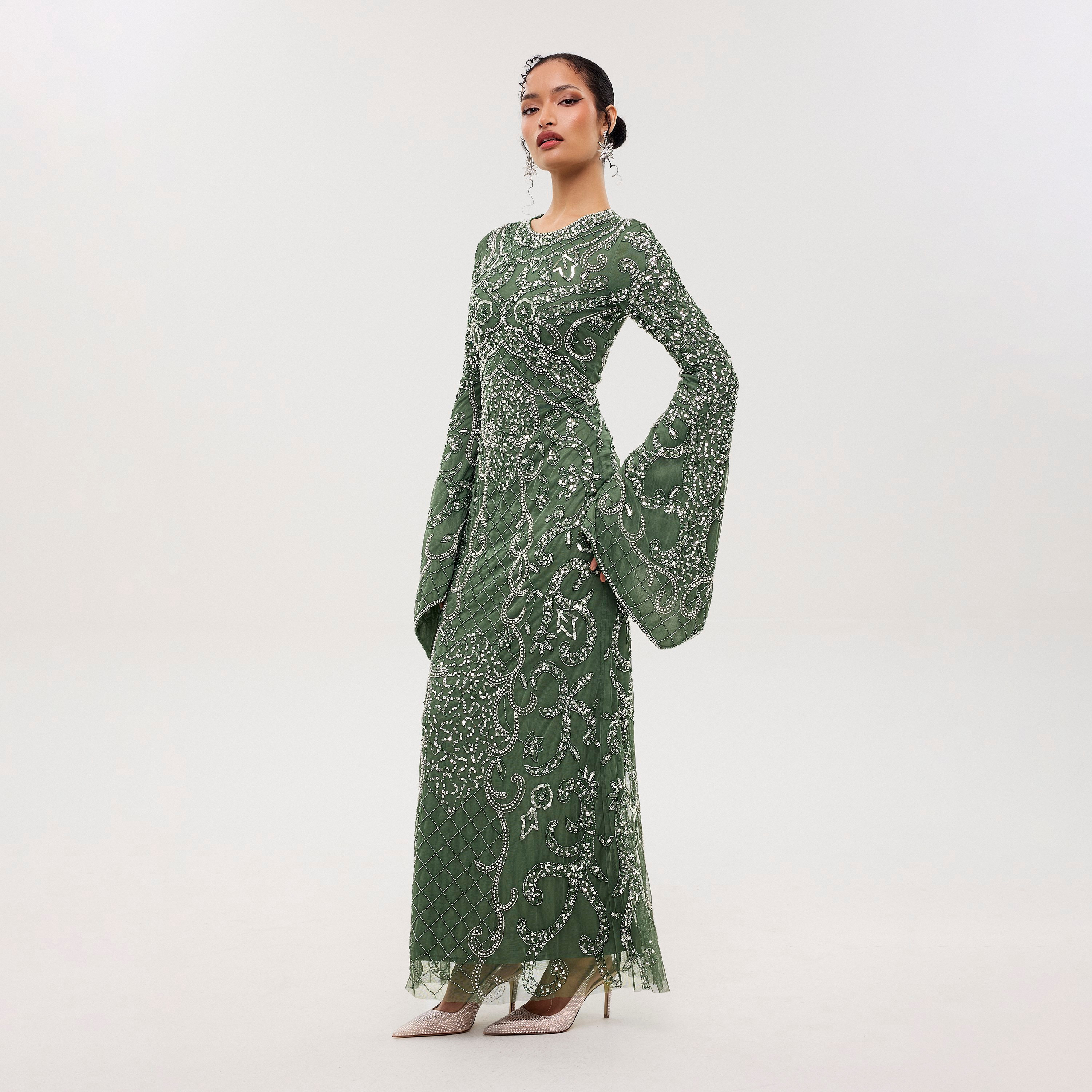 Maryisa Ema Green Sequined & Beaded Flared Sleeves Straight Women's Evening Maxi Dress-women-clothing-dresses-image-3