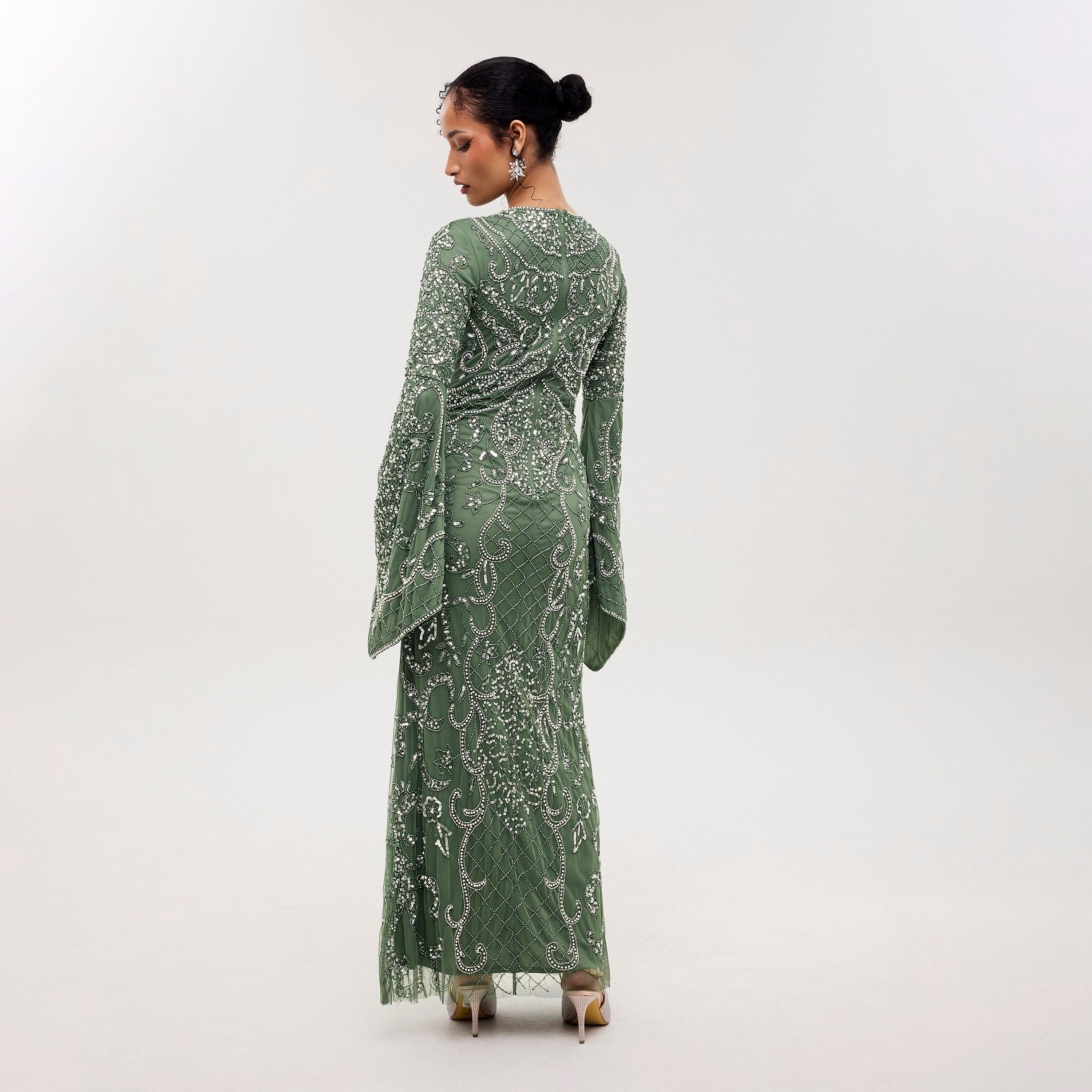 Maryisa Ema Green Sequined & Beaded Flared Sleeves Straight Women's Evening Maxi Dress-women-clothing-dresses-image-4