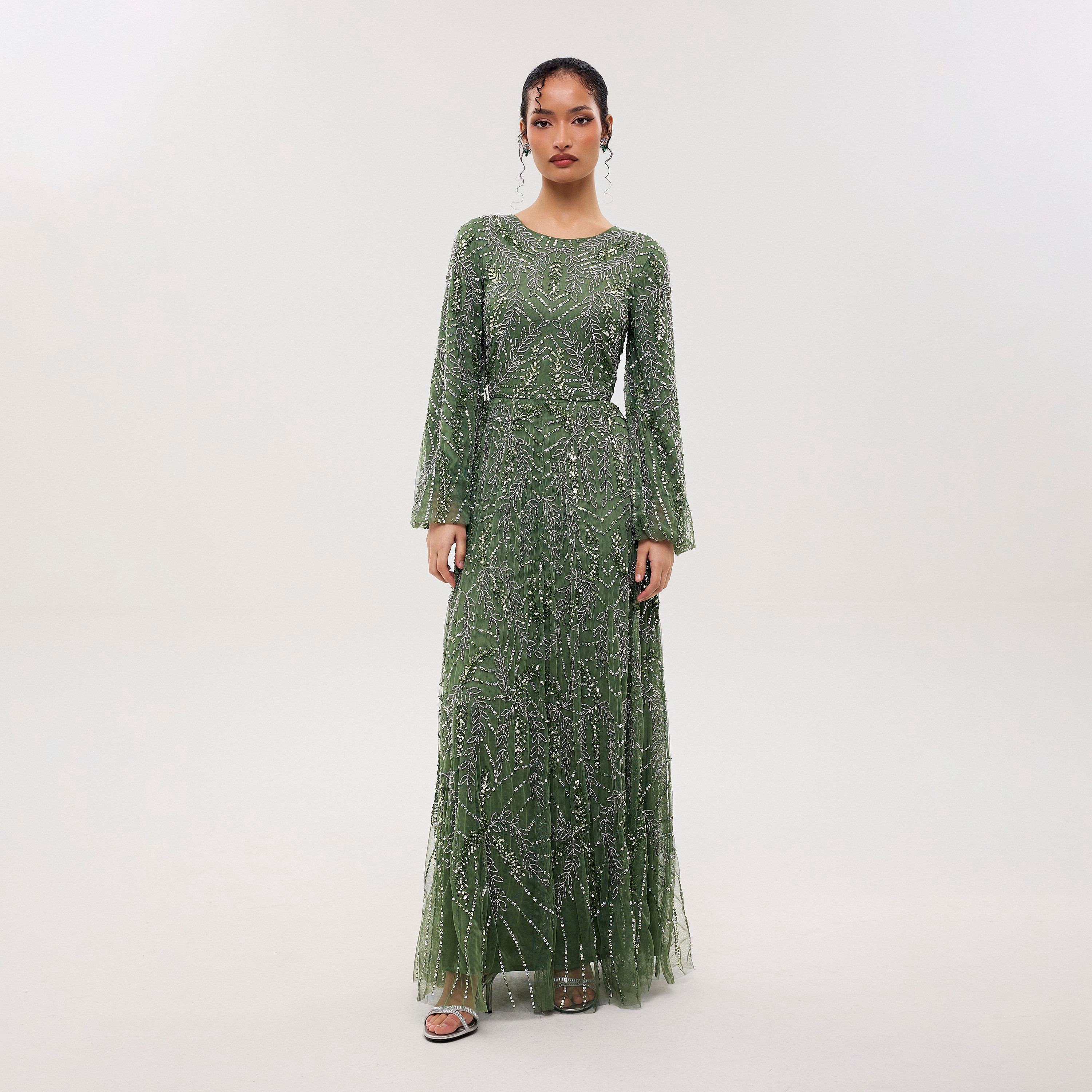 Maryisa Luma Green Sequined & Beaded Bishop Sleeves Flared Women's Evening Maxi Dress-women-clothing-dresses-image-2