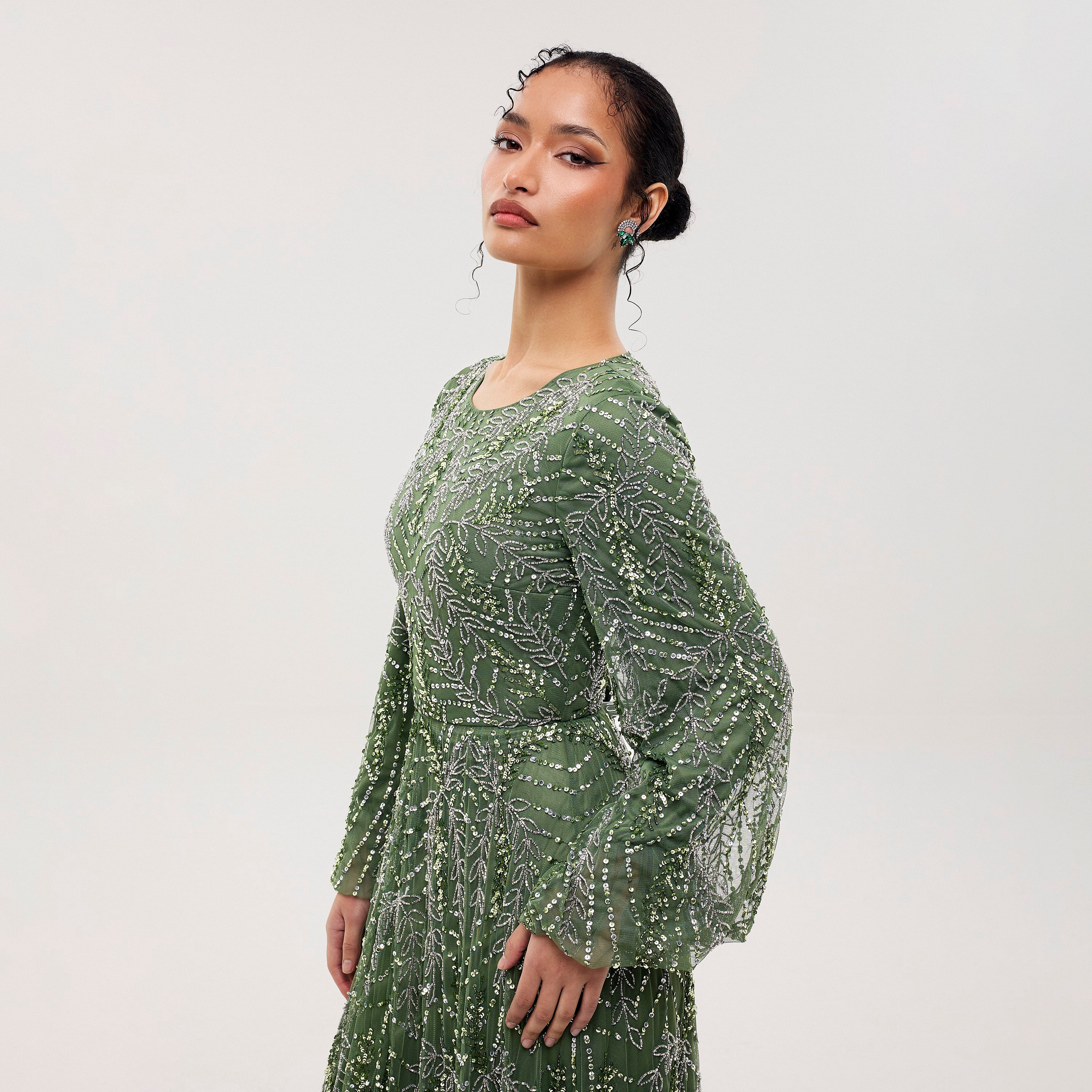 Maryisa Luma Green Sequined & Beaded Bishop Sleeves Flared Women's Evening Maxi Dress-women-clothing-dresses-image-3