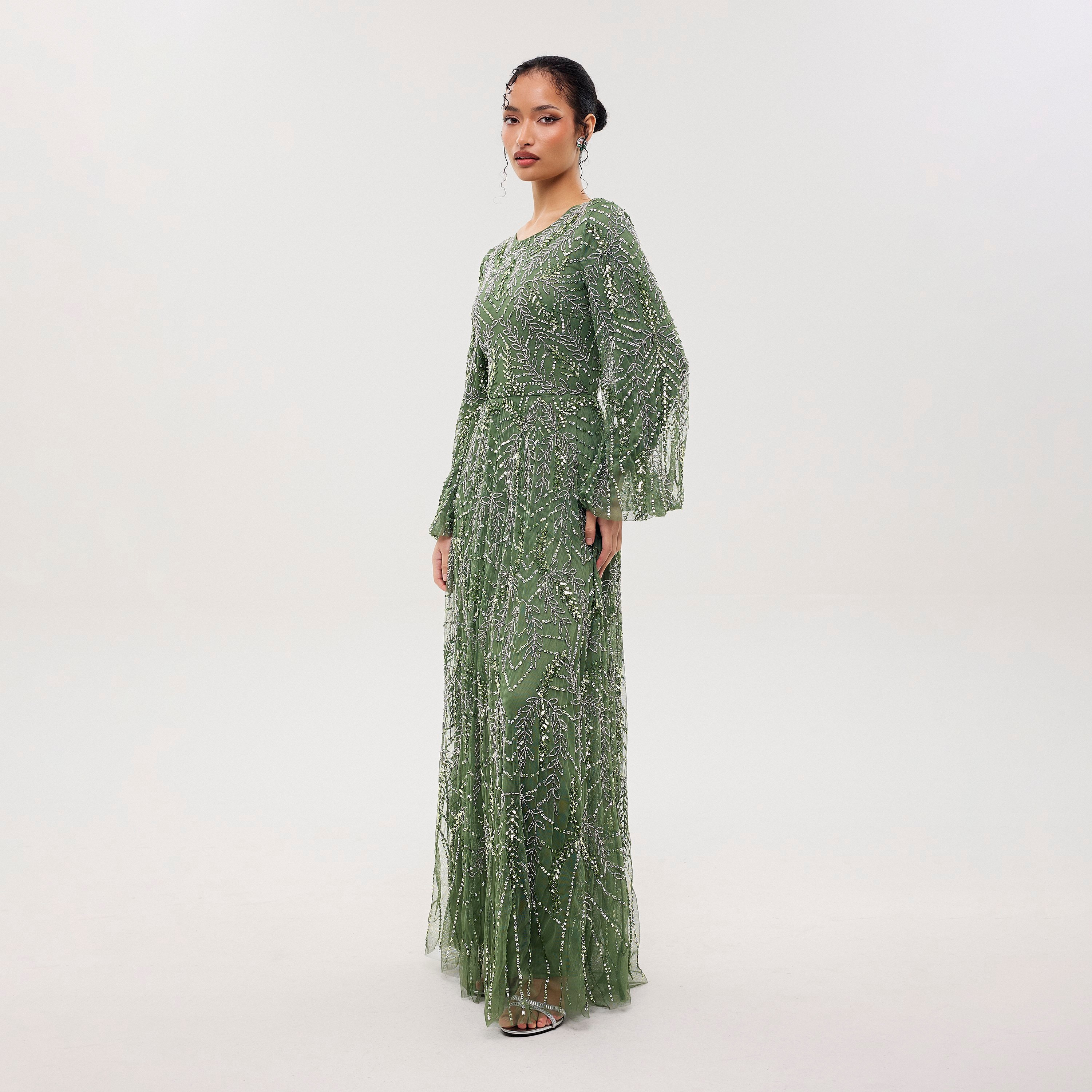 Maryisa Luma Green Sequined & Beaded Bishop Sleeves Flared Women's Evening Maxi Dress-women-clothing-dresses-image-4