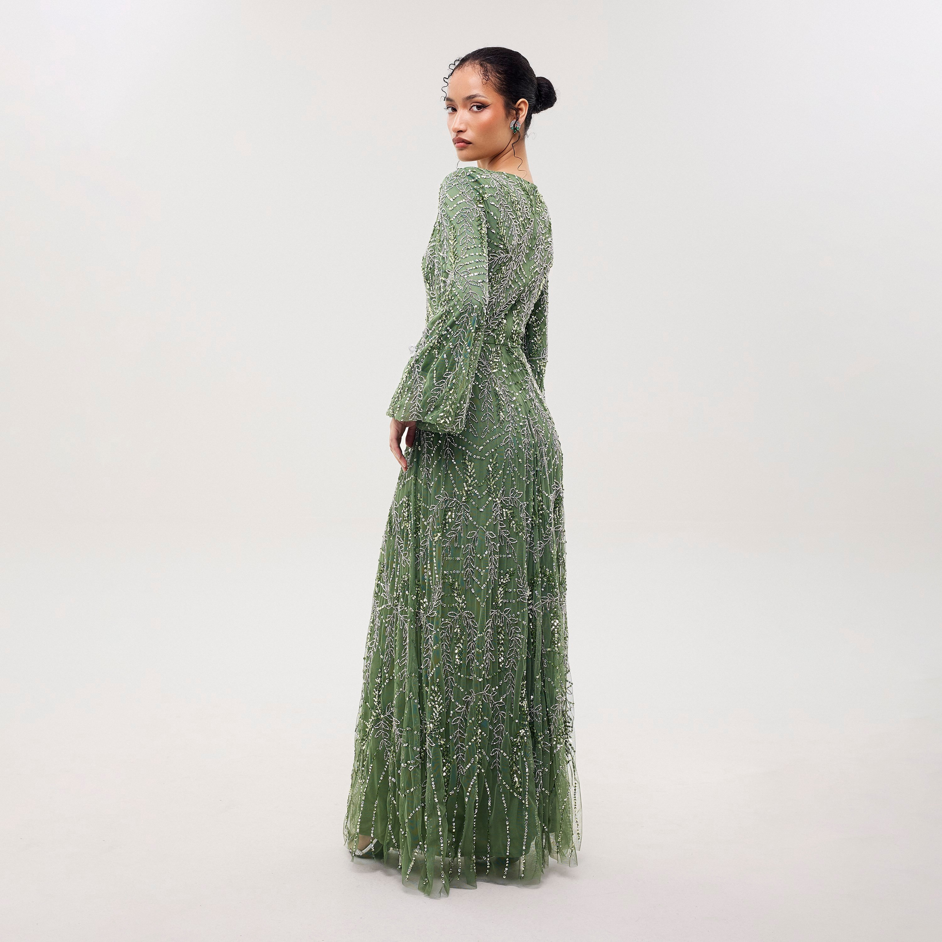 Maryisa Luma Green Sequined & Beaded Bishop Sleeves Flared Women's Evening Maxi Dress-women-clothing-dresses-image-5