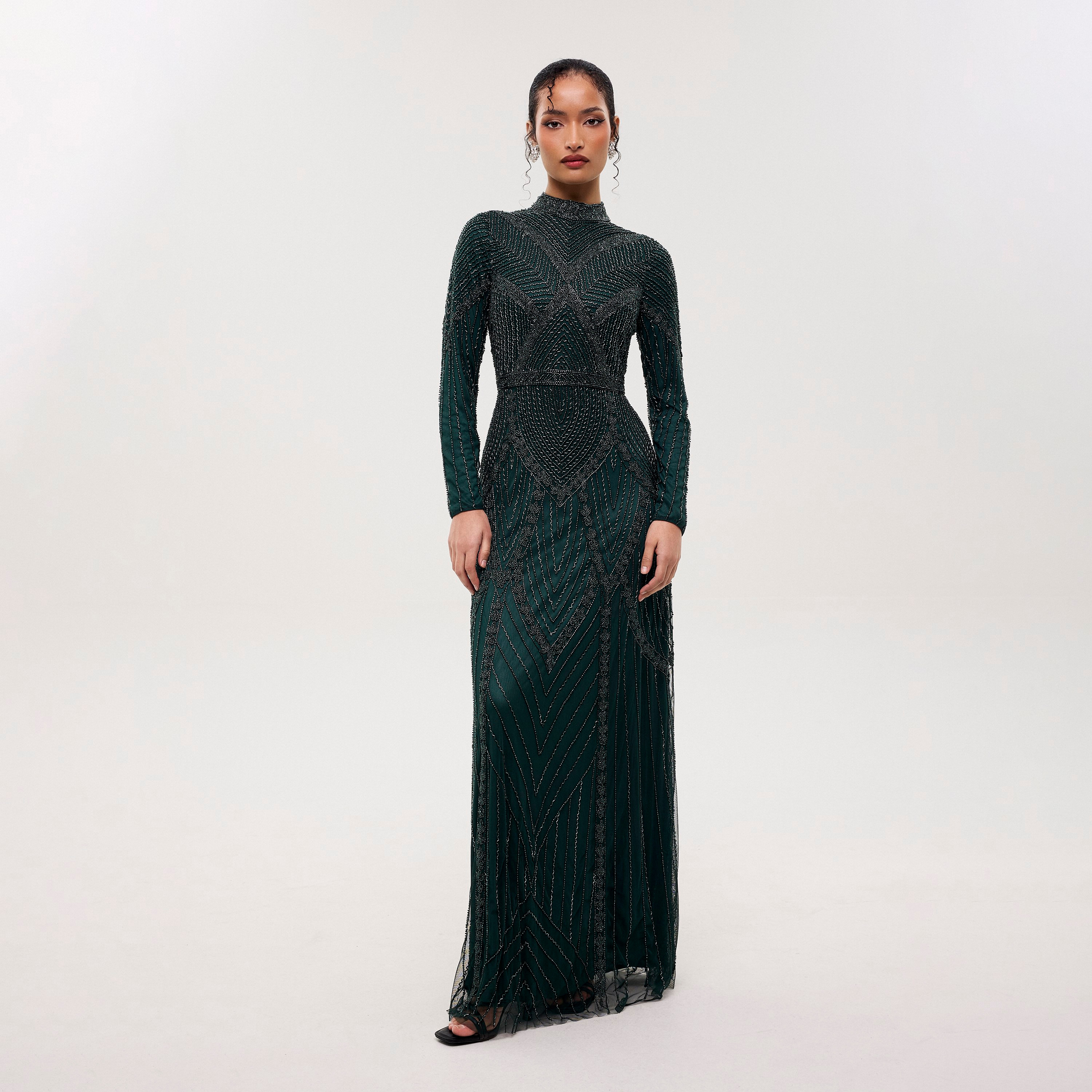 Maryisa Luxe Green All-Over Beaded High Neck Column Women's Evening Maxi Dress-women-clothing-dresses-image-2