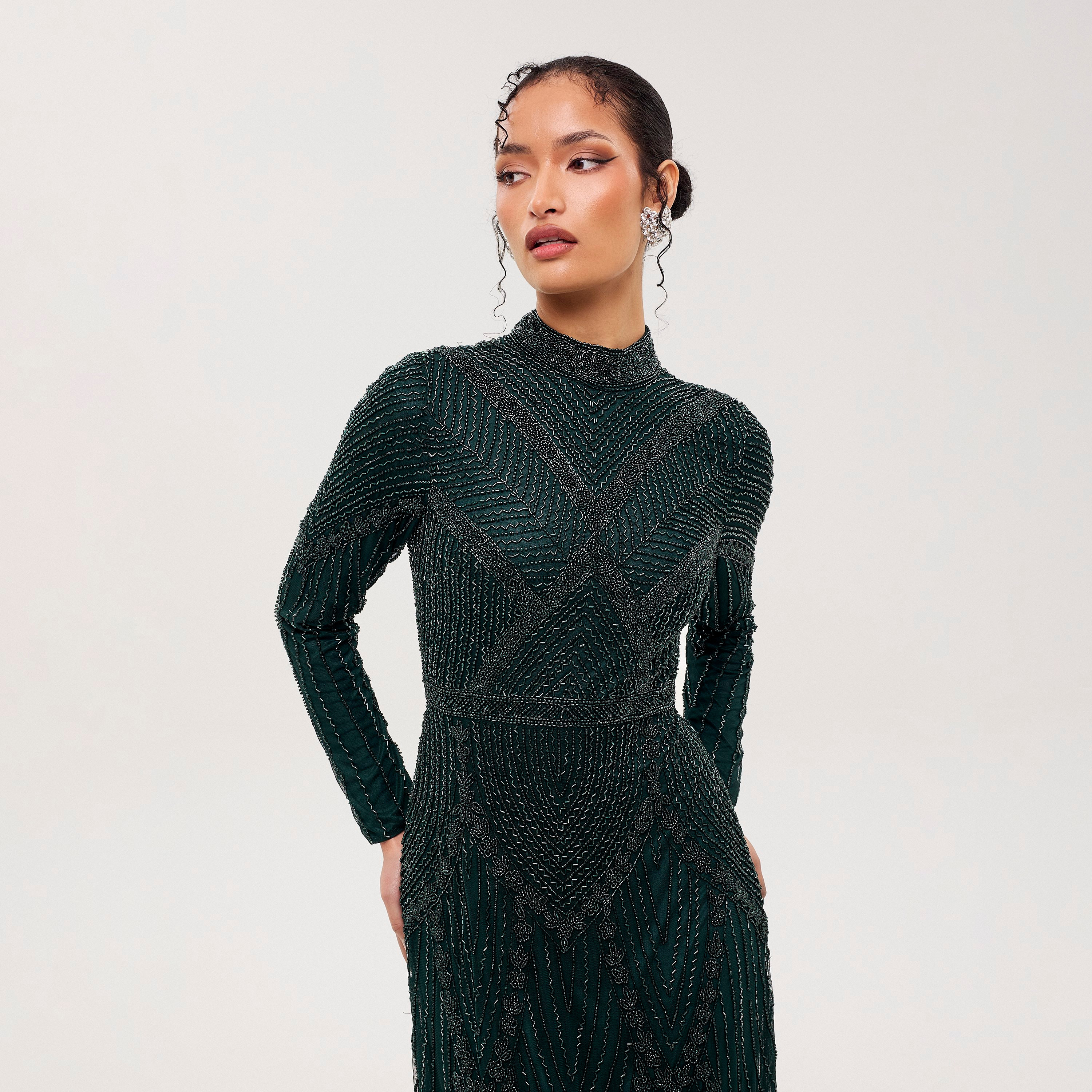 Maryisa Luxe Green All-Over Beaded High Neck Column Women's Evening Maxi Dress-women-clothing-dresses-image-3
